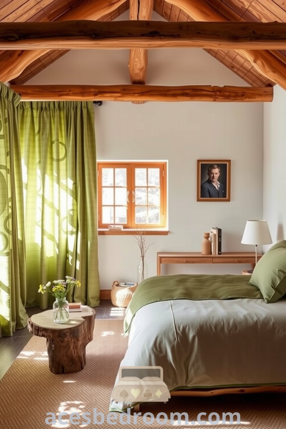 Cozy bedroom with soft greens and browns, log-frame bed, rough-hewn wood furniture, and fresh wildflowers, designed for a warm and sophisticated look, showcasing unique decor ideas for your home on acesbedroom.com.