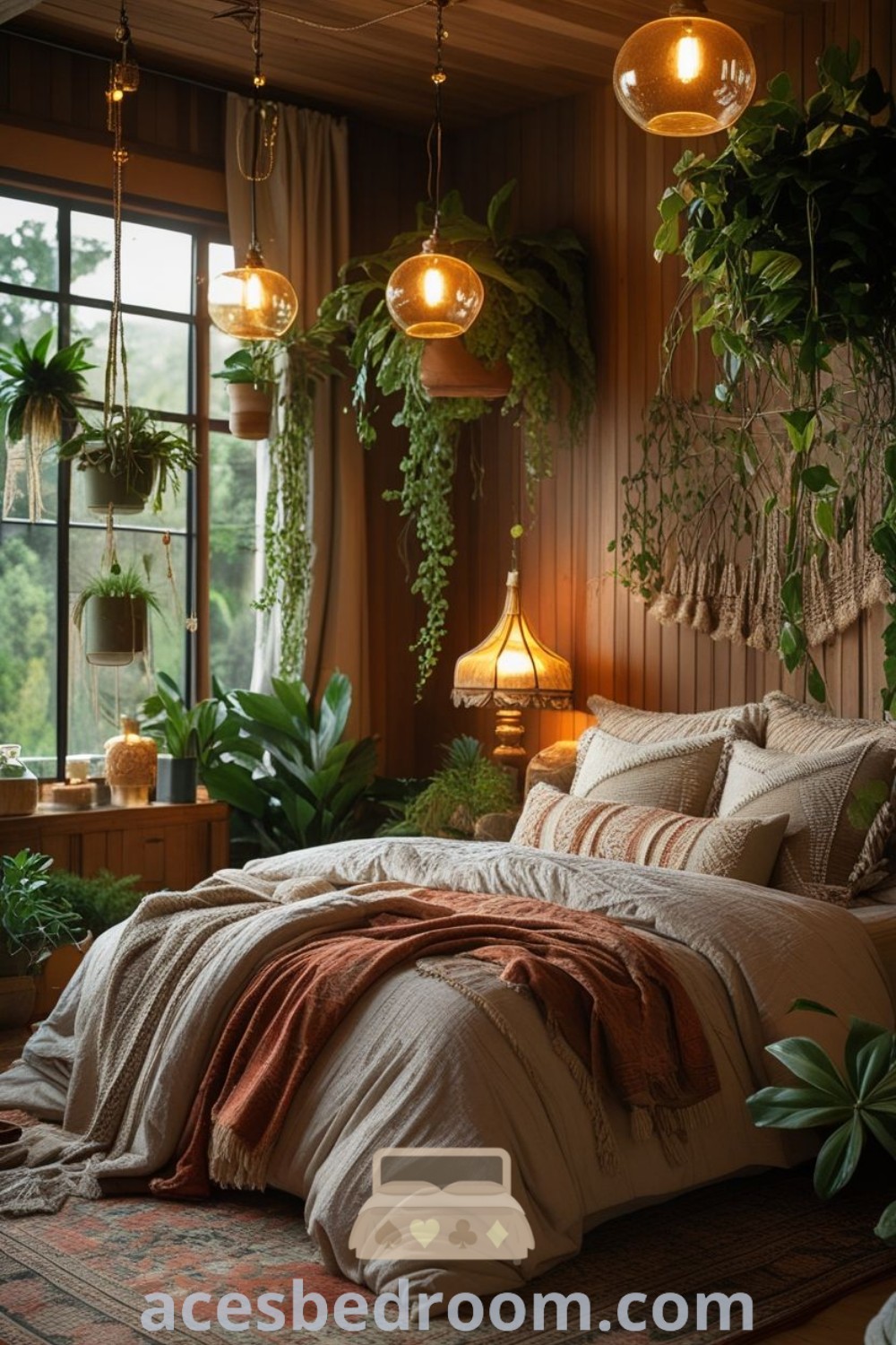 A cozy bedroom filled with hanging plants and bright light natural decor showcasing neutral earth tones, an ornate rug, dreamy bedding, and paneled walls. This inspiring design transforms your space into a vibrant retreat. Find more cozy ideas at acesbedroom.com.
