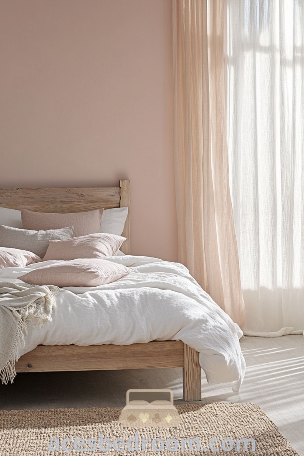 Cozy Scandinavian bedroom featuring soft pink walls, a light wood bed frame with fluffy white bedding, pink and gray cushions, sheer curtains allowing natural light, and a woven jute rug on pale wood floors, providing inviting decor ideas for a serene retreat, showcased on acesbedroom.com.