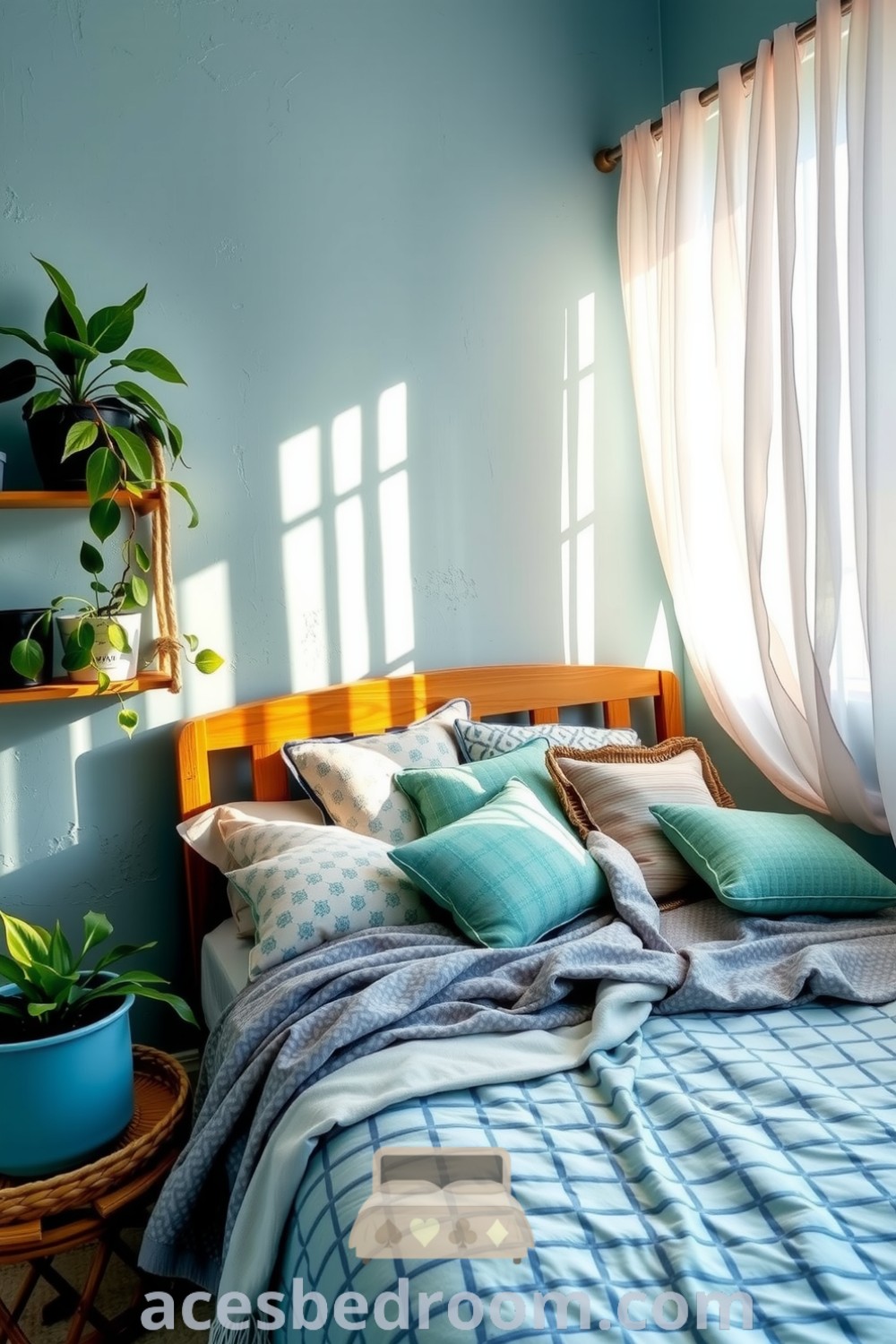 Cozy boho chic bedroom with soft blue walls, a wooden bed frame layered with pattern throws, potted plants on rustic shelves, and sheer curtains, creating a tranquil atmosphere, featured on acesbedroom.com.