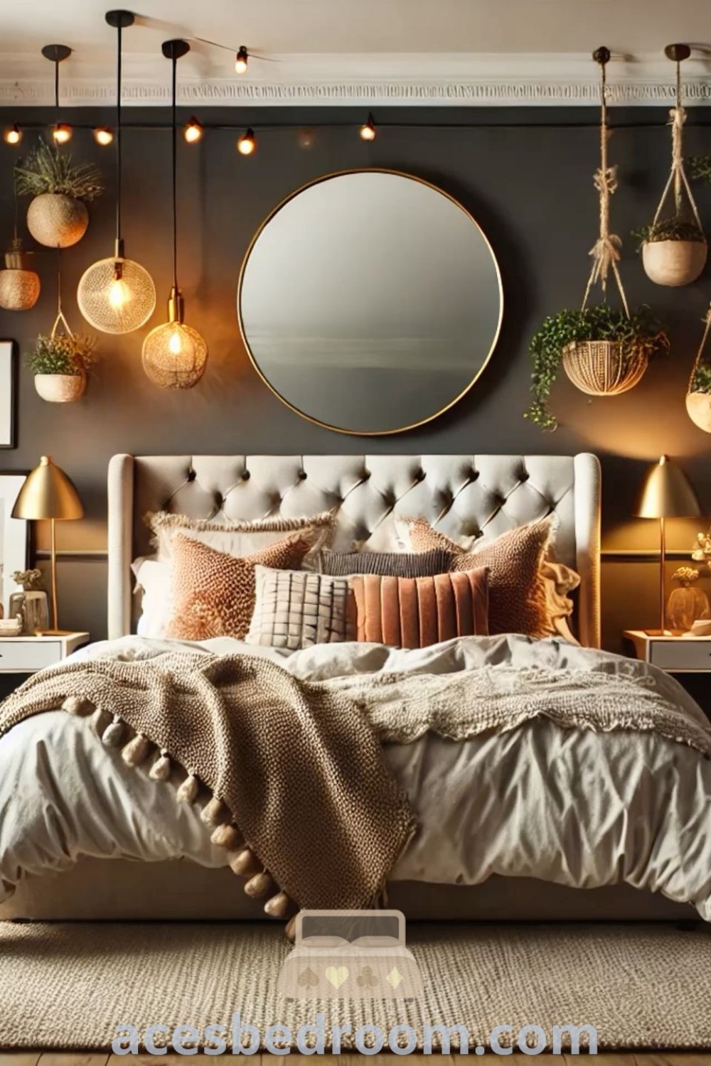 A cozy bohemian teen bedroom with a large bed and lush hanging plants, creating an inviting and stylish space. This design embodies warm decor inspirations and offers unique ideas for a relaxing atmosphere. Discover more decor ideas and inspirations at acesbedroom.com.