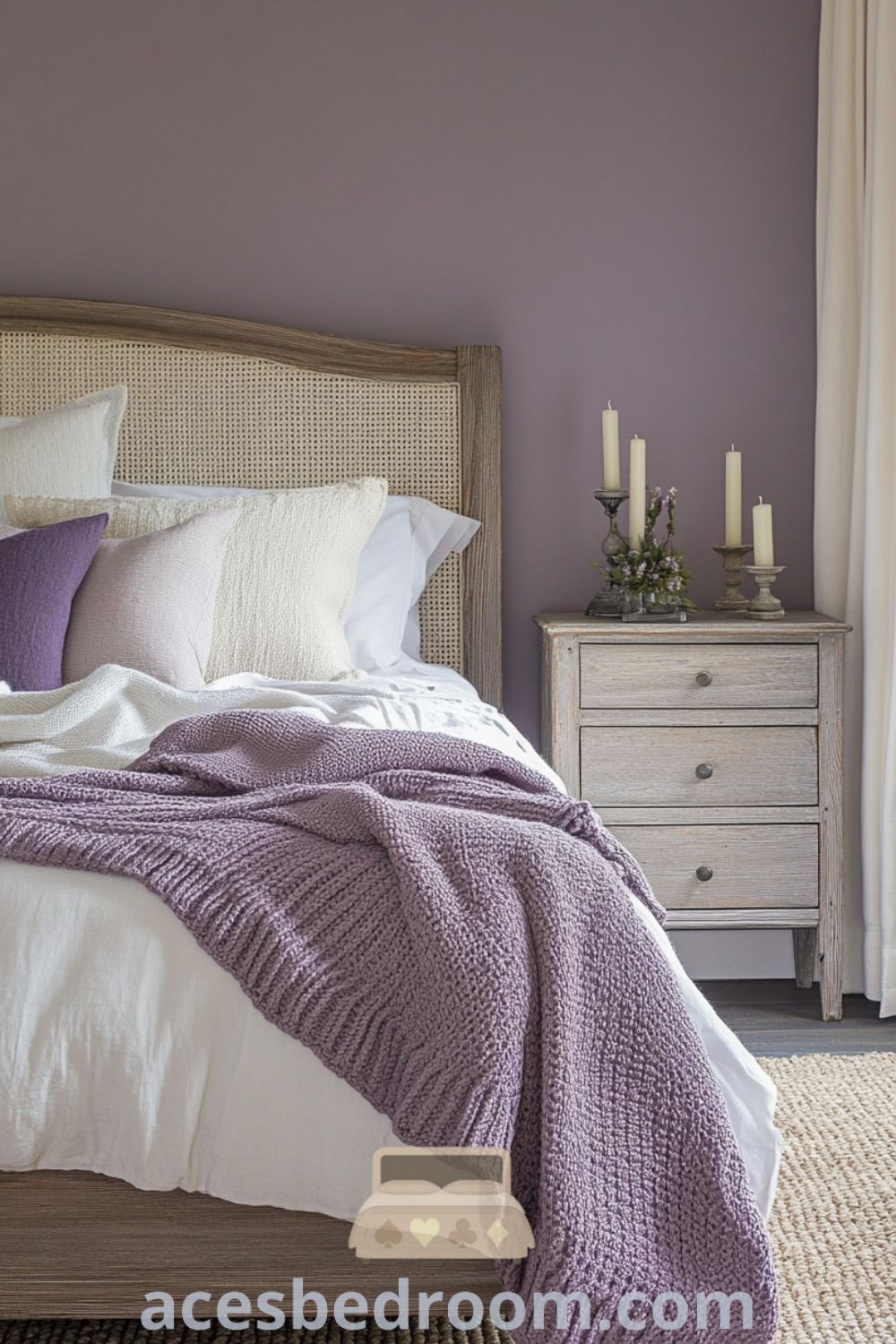 Cozy ideas in a Modern French Country Bedroom on acesbedroom.com featuring lavender walls, vintage wooden bed, and inviting decor inspirations for a warm and sophisticated look.