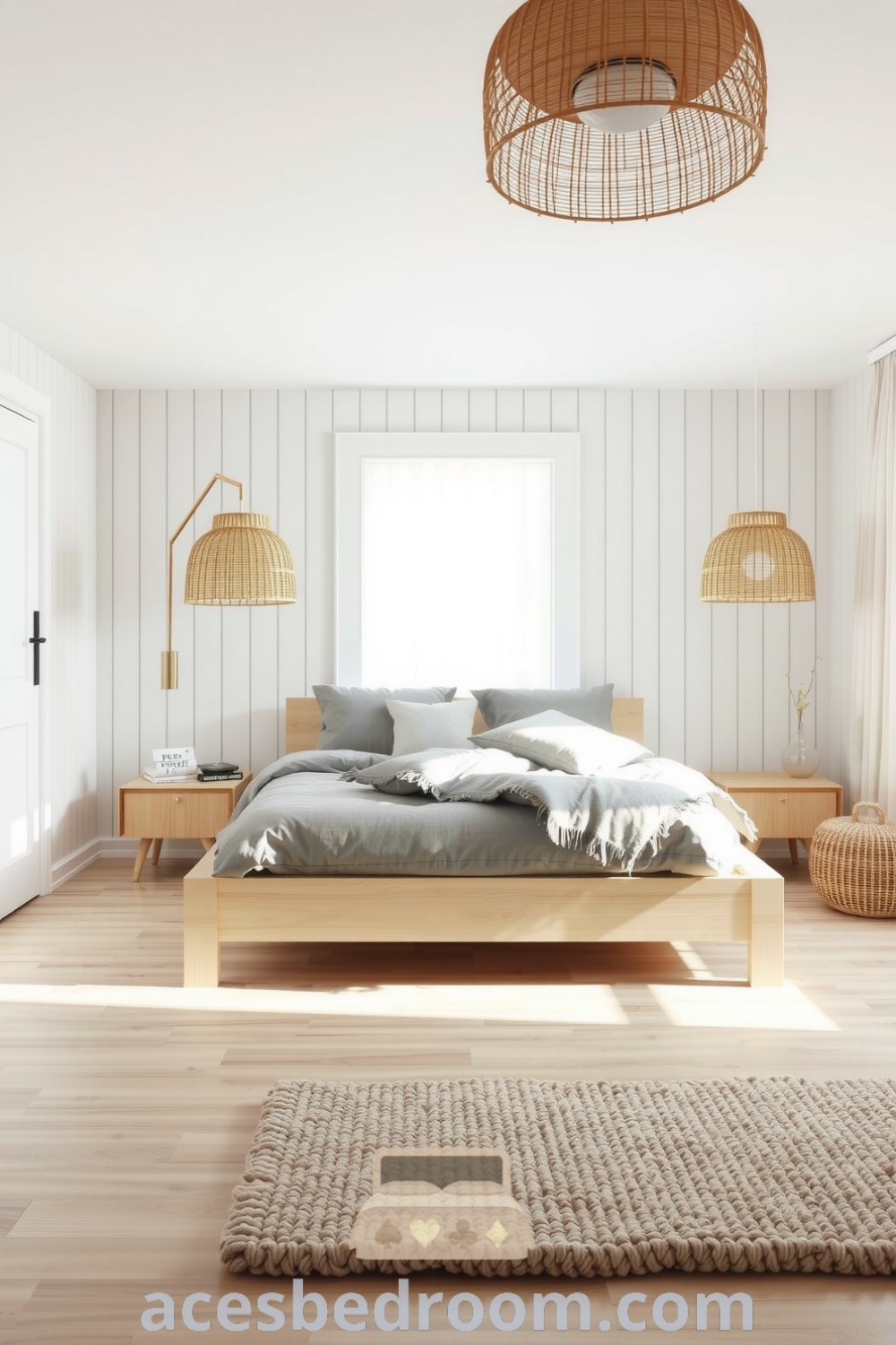 Cozy Scandinavian bedroom featuring white walls, light wood paneling, a pale oak platform bed with gray linens, a chunky wool rug, and woven rattan lampshades, providing inspiring decor ideas for a warm and sophisticated look, showcased on acesbedroom.com.