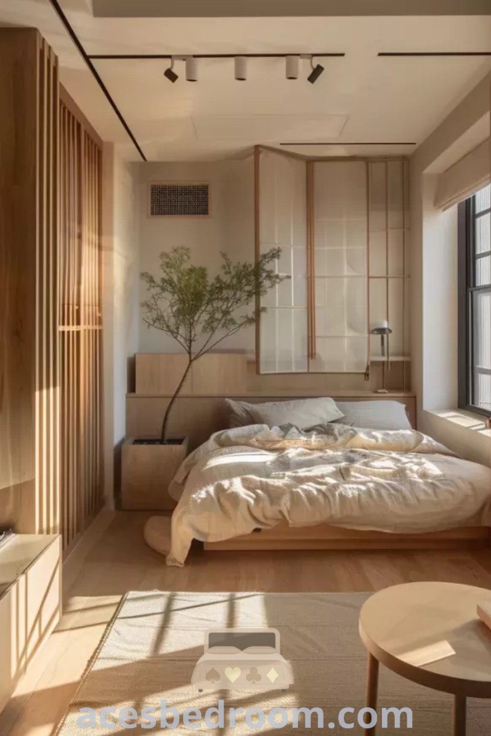 A cozy Japandi tiny bedroom featuring a bed beside a wooden shelf filled with dishes and cups, showcasing inspiring design ideas for micro bedroom and Japandi small apartment interiors. Experience a warm and sophisticated look that combines minimalist aesthetics with functional decor. Explore more unique ideas for your home at acesbedroom.com.