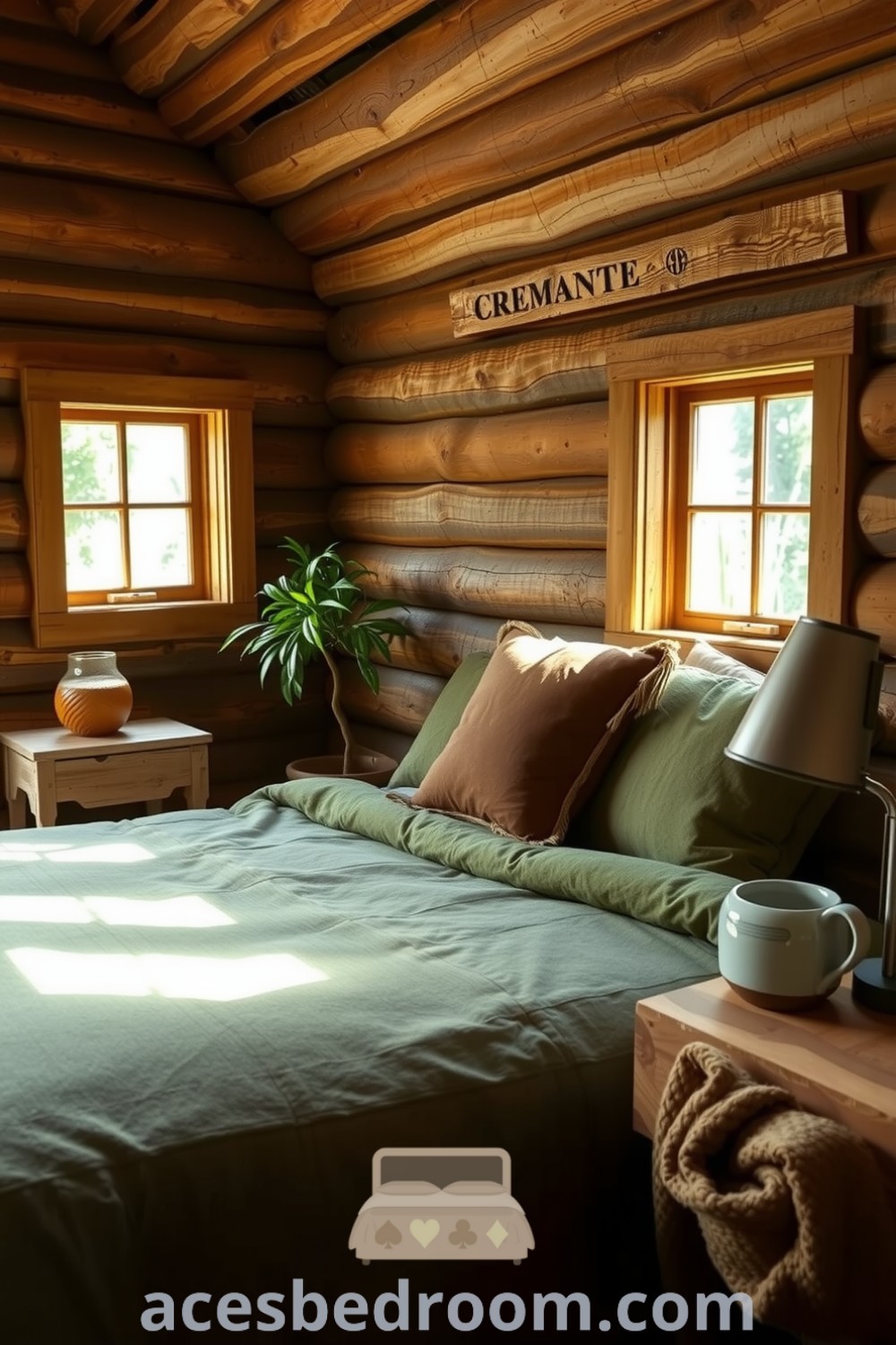 Cozy nature-inspired bedroom in a cabin featuring rough-hewn timber walls, a moss-green duvet, earth-toned pillows, and a reclaimed wood nightstand with a ceramic lamp, showcasing decor ideas for a warm and sophisticated look on acesbedroom.com.