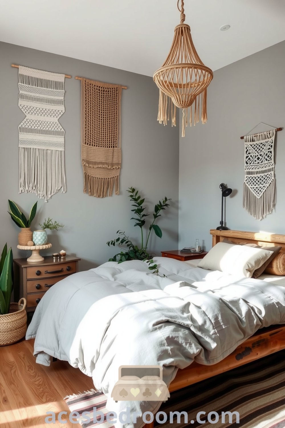 Cozy boho bedroom featuring a soothing grey palette, textured wall hangings, plush duvet, woven baskets with plants, and a vintage dresser, all contributing to a warm and sophisticated look, showcased on acesbedroom.com.
