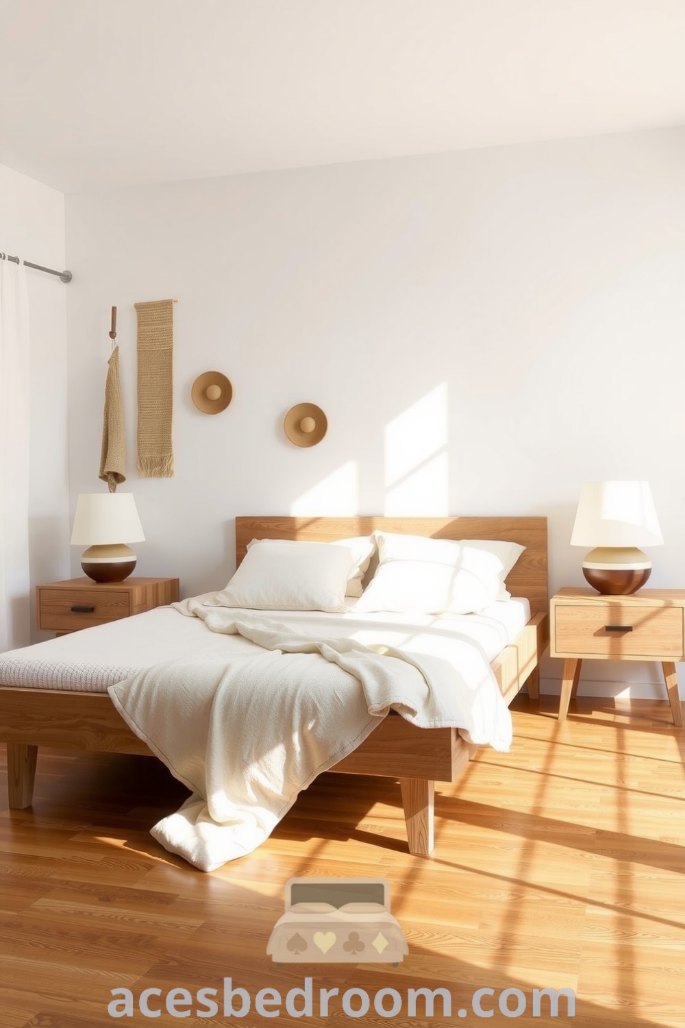 Cozy Japandi bedroom featuring white walls, a low wooden bed frame with soft linen bedding, light wooden nightstands with ceramic lamps, and sheer curtains enhancing natural light, perfect for inspiring a warm and sophisticated look, showcased on acesbedroom.com.