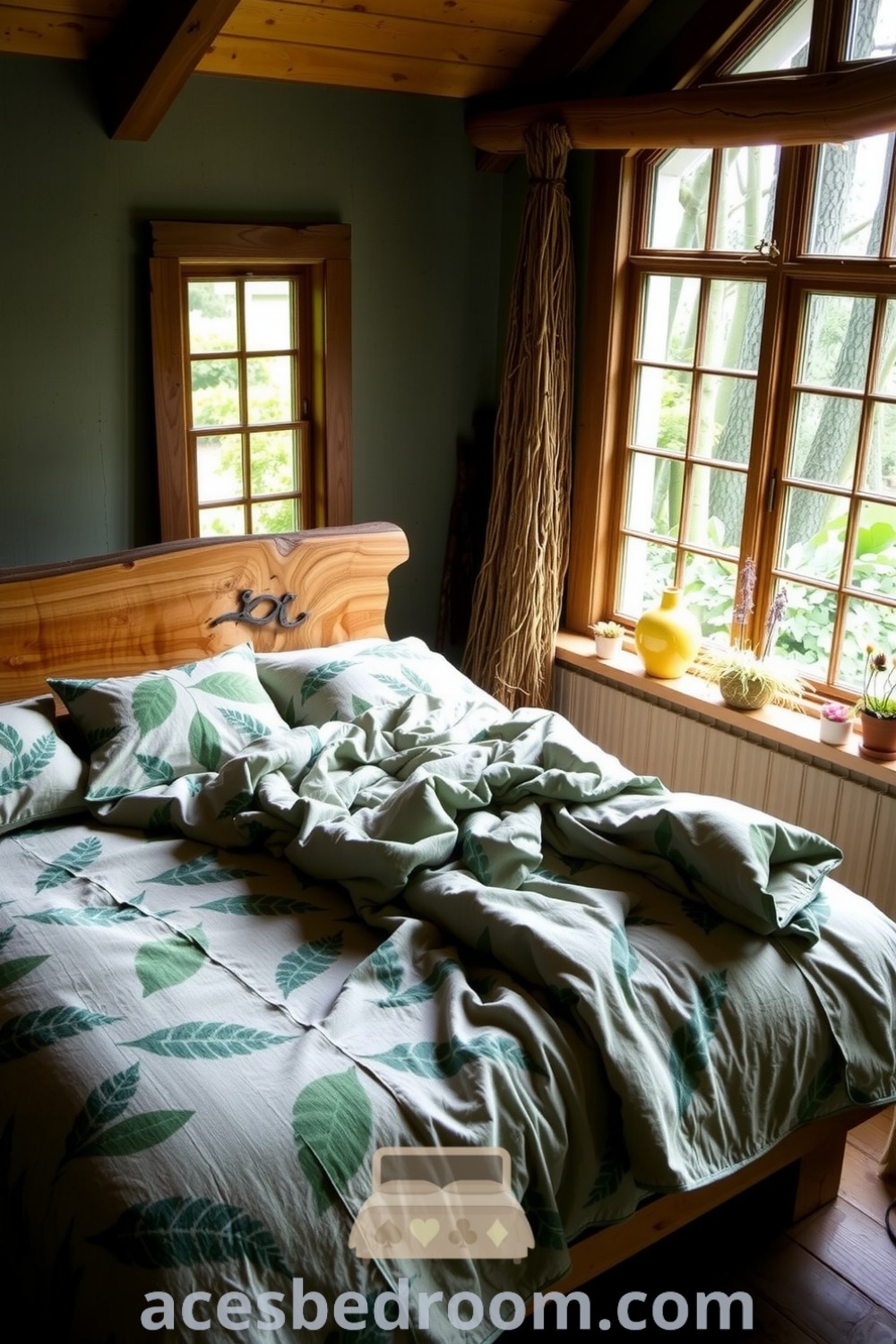 Cozy nature-inspired bedroom featuring a handmade oak bed, organic cotton bedding, and vibrant potted plants, creating a warm and inviting atmosphere, showcased on acesbedroom.com.