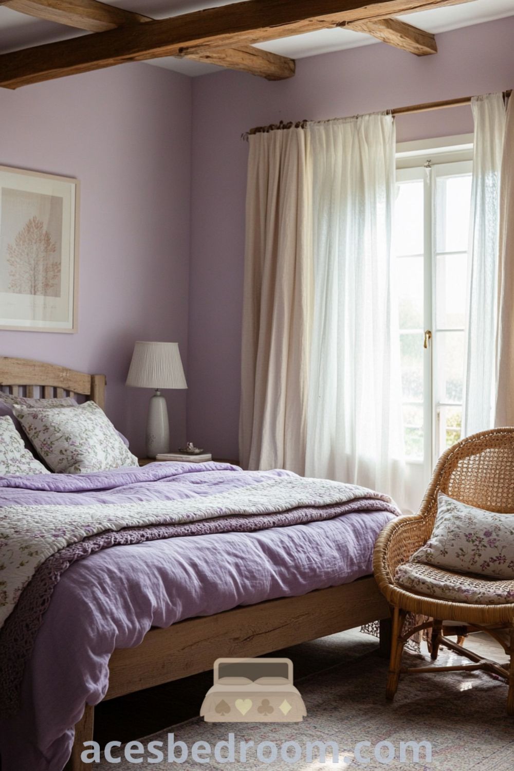 Cozy French Country Bedroom on acesbedroom.com showcasing soft lavender walls, inviting accents, cozy home design ideas, and inspiring decor inspirations.