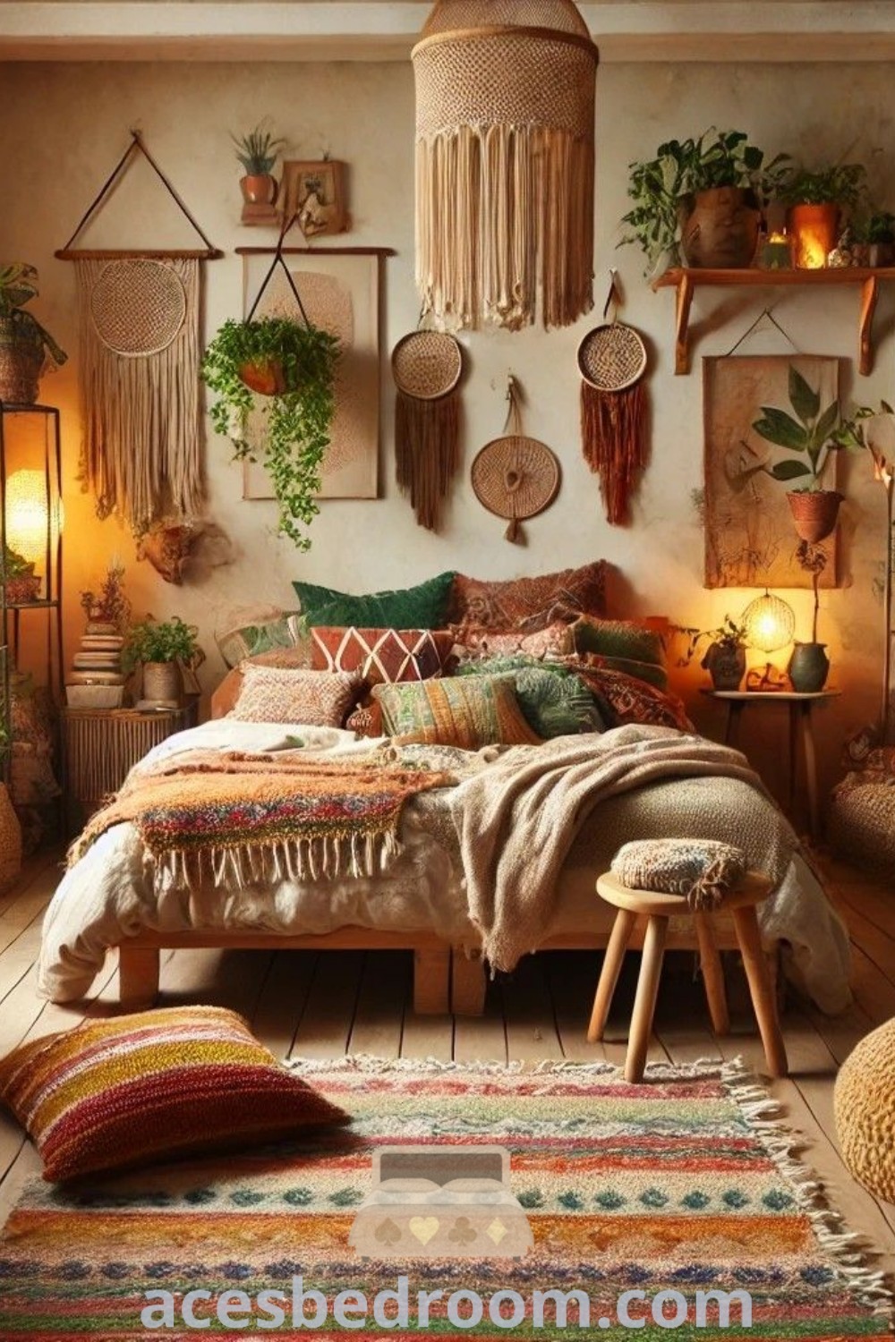 A cozy bedroom design showcasing a bed against a lush wall of plants and trendy rugs hanging from the ceiling, reflecting maximalist interior bedroom ideas. This unique decor combines inviting elements for a warm and sophisticated look, offering inspiration and stylish ideas for your home at acesbedroom.com.