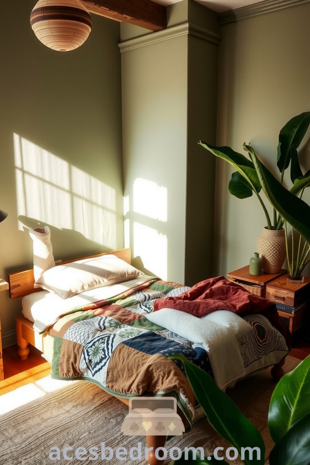 Cozy nature-inspired bedroom with earthy greens, soft browns, a wooden bed frame, patchwork quilt, handmade ceramic lamp, and leafy houseplants, designed for tranquility and warmth, featured on acesbedroom.com.