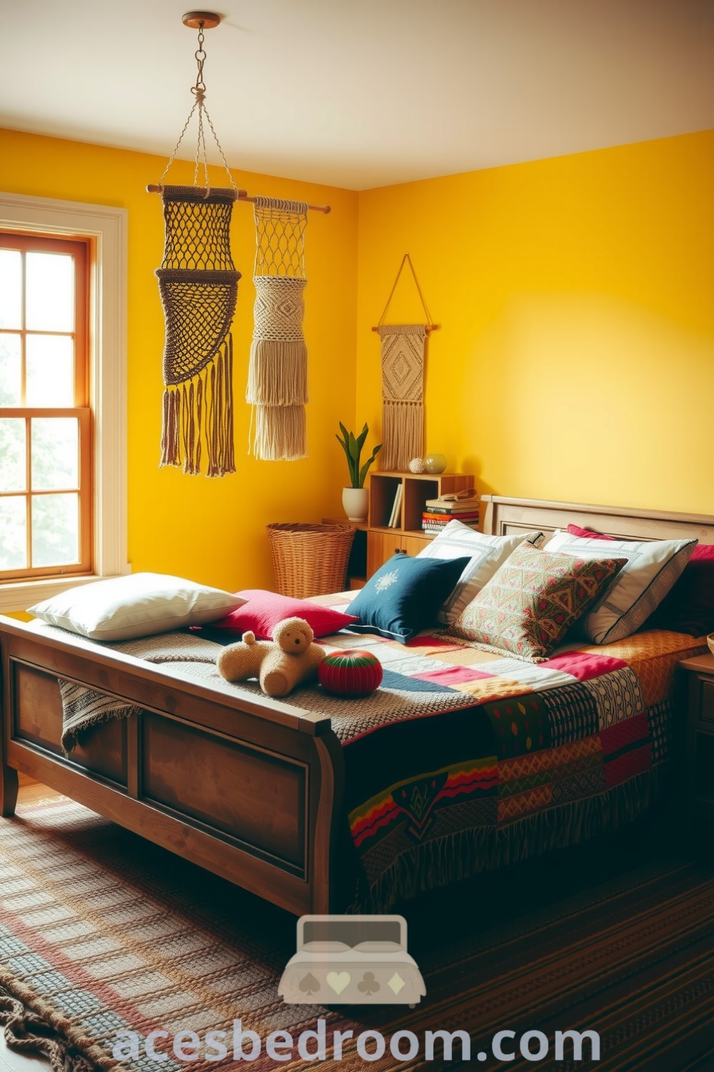 Cozy boho bedroom featuring sunlit yellow walls, a wooden bed frame with a patchwork quilt, patterned cushions, macramé hangings, and a woven rug for a warm and inviting atmosphere, featured on acesbedroom.com.