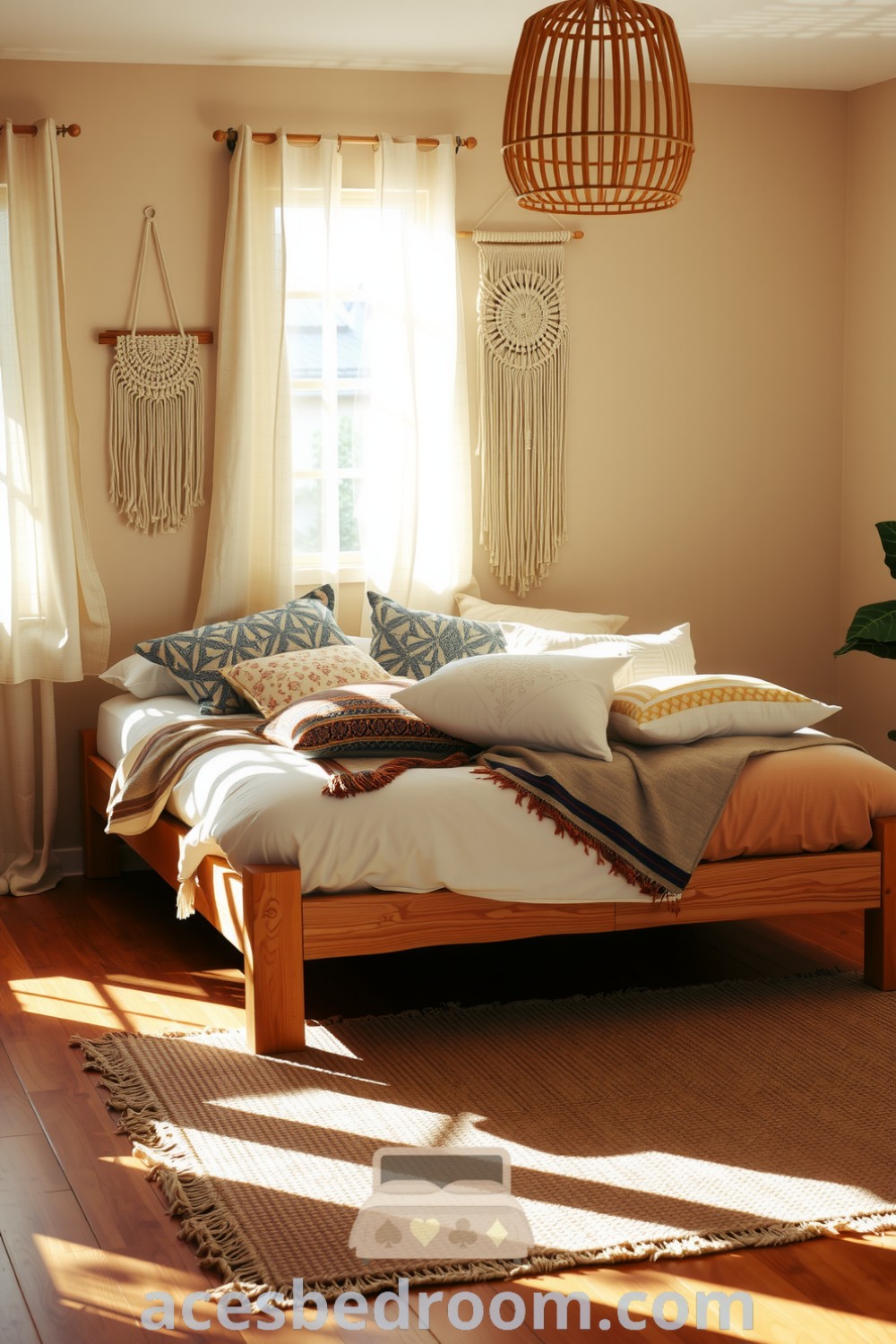 Cozy boho bedroom with beige walls, a weathered wooden bed frame, patterned throw pillows, macramé wall hanging, rattan lamp, and handwoven rug for an inviting atmosphere, designed for comfort and style, featured on acesbedroom.com.