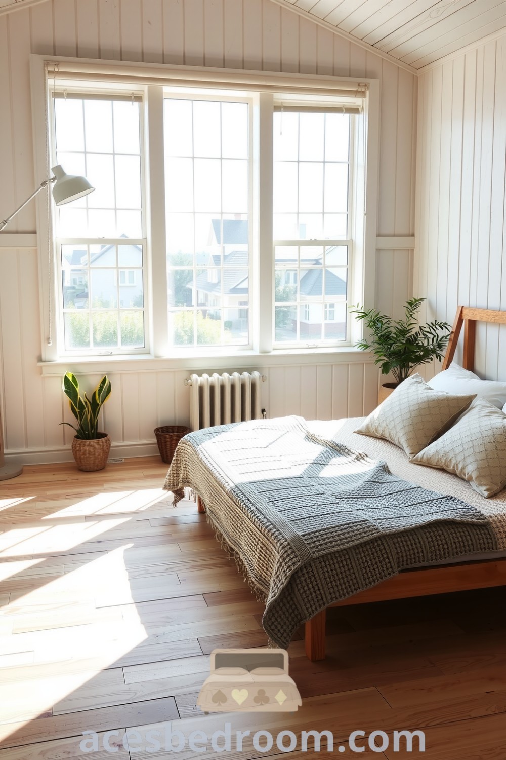 Cozy Scandinavian bedroom featuring pale wooden walls, a minimalist platform bed with a chunky knit blanket and soft pillows, large windows allowing natural light, and potted plants, providing stylish decor ideas for a warm and sophisticated look, showcased on acesbedroom.com.