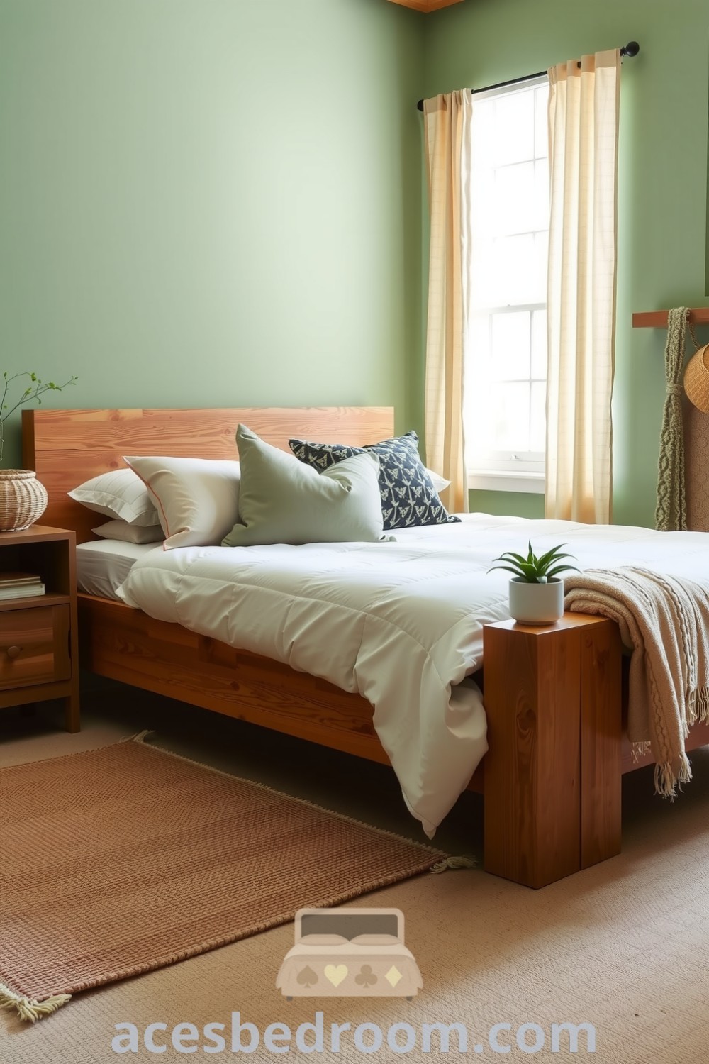 Cozy bedroom featuring soft green walls, a reclaimed wood bed frame, earthy-toned duvet, mismatched pillows, and a rustic nightstand with a potted plant for a serene nature-inspired aesthetic, showcased on acesbedroom.com.
