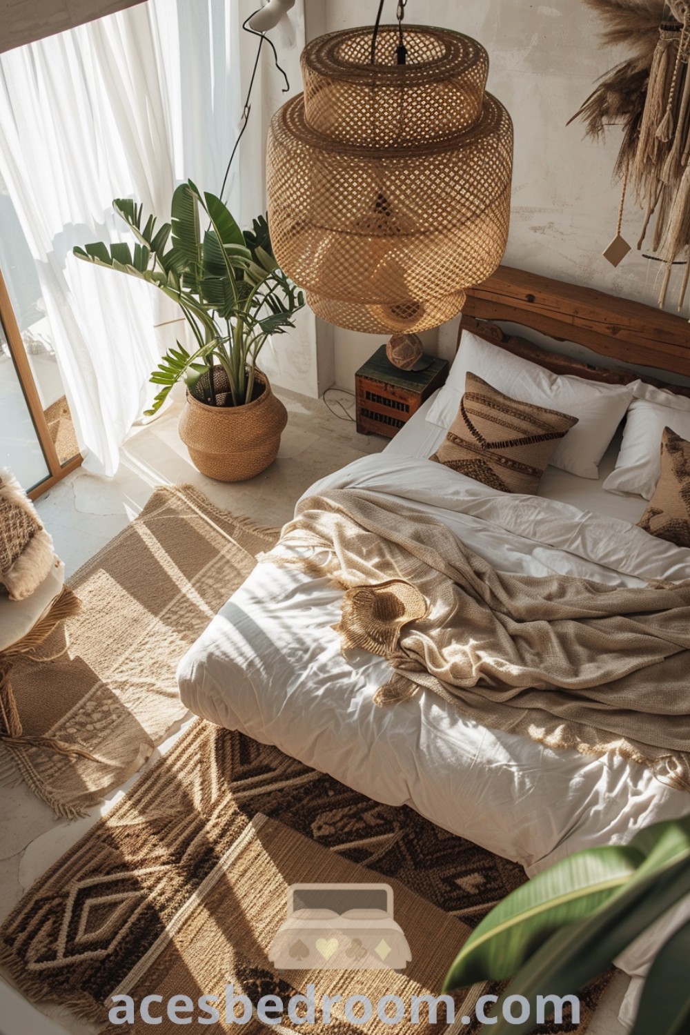 A cozy bohemian bedroom with off-white sheets and pillows, complementing a potted plant. This inviting setup showcases modern cozy bedroom ideas and inspires decor ideas for a warm and sophisticated look. Explore more design ideas and inspirations at acesbedroom.com.