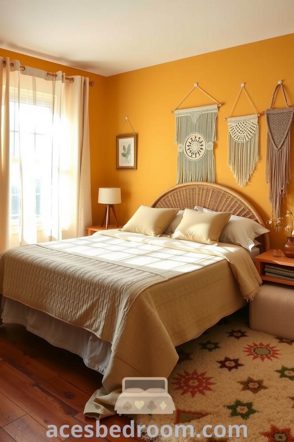 Cozy boho bedroom with sheer cream curtains, warm yellow walls, rattan headboard, soft textured linens, vintage cushions, and macramé wall hangings, designed for relaxation and comfort, showcased on acesbedroom.com.