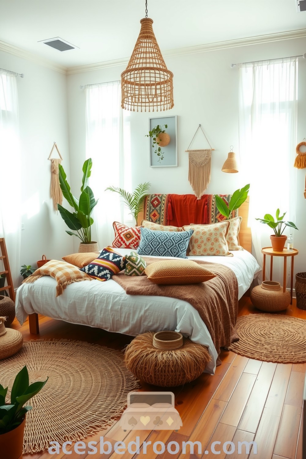 Cozy Boho bedroom featuring whitewashed walls, low wooden bed with textured throws and patterned pillows, jute rugs, potted plants, and macramé wall hangings for a warm and inviting atmosphere, showcased on acesbedroom.com.
