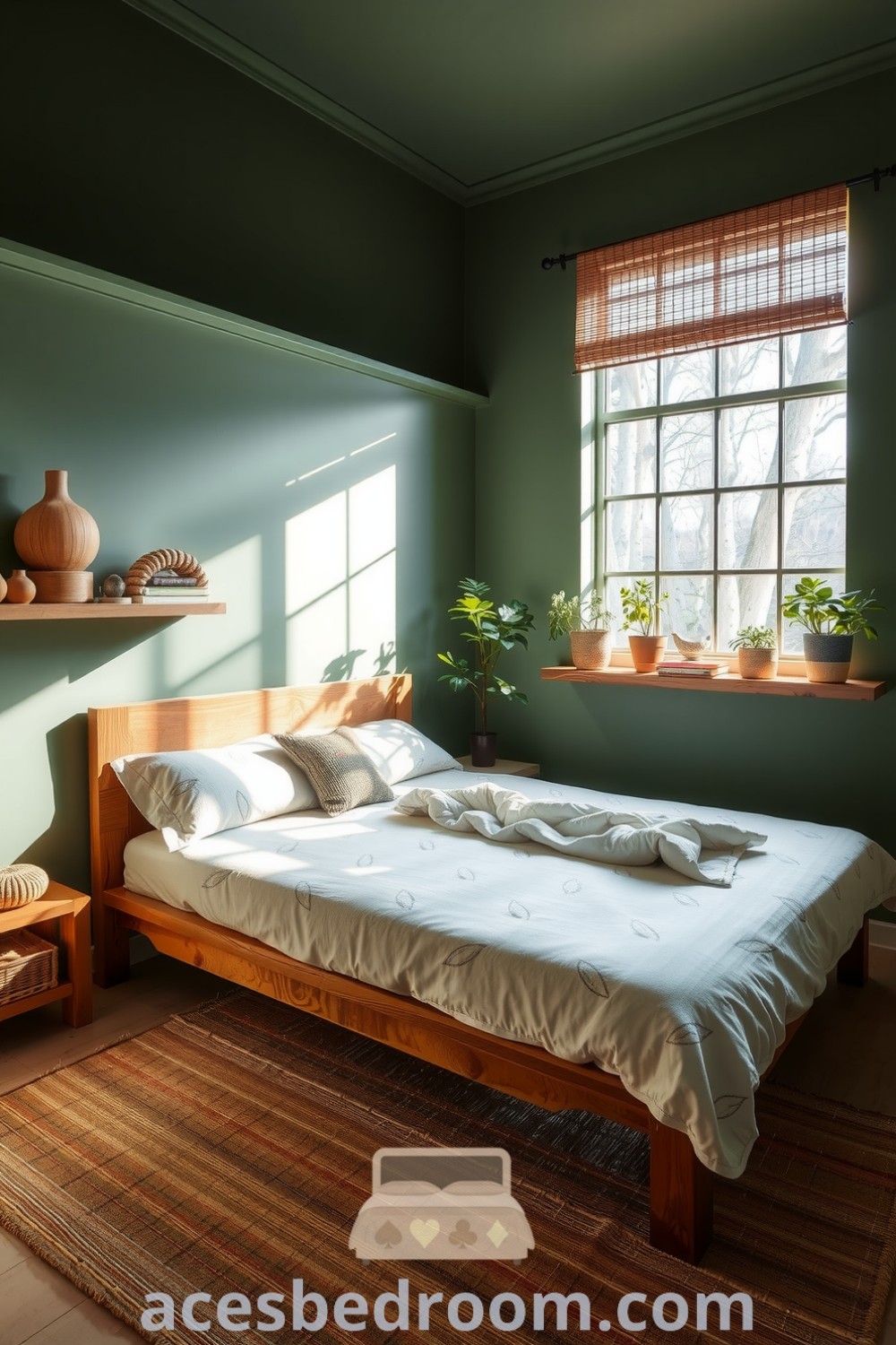A serene nature-inspired bedroom featuring soothing green walls, a reclaimed wooden bed with soft cotton sheets, natural light from a large window with bamboo blinds, and earthy decor elements like potted plants and a jute rug, ideal for creating a cozy home atmosphere with decor ideas shown on acesbedroom.com.