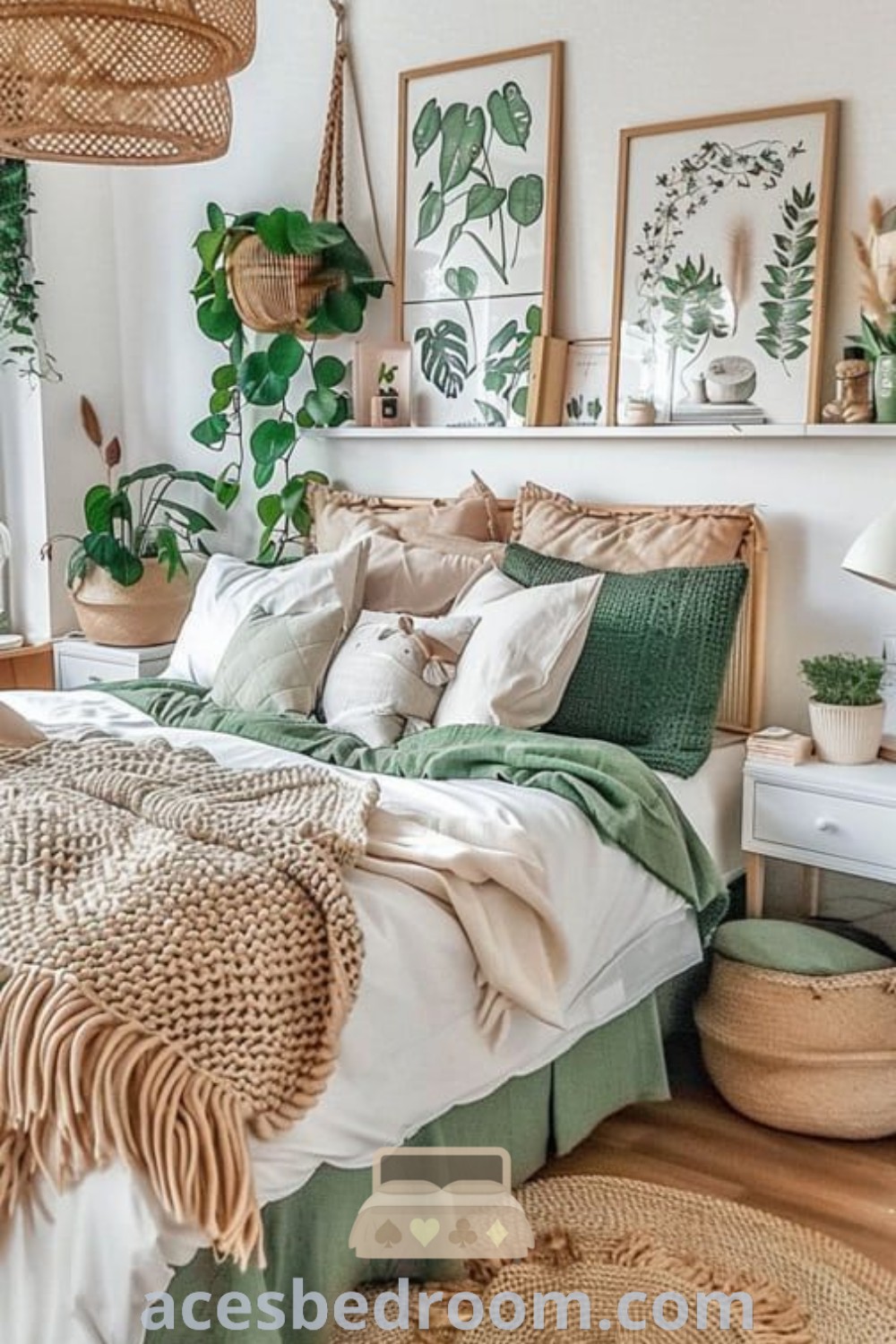 A cozy Olive Green Boho bedroom showcasing Mid Century Modern decor ideas. Featuring sage green accents, unique design inspirations, and soft textiles for a warm and inviting atmosphere. Discover the best cozy home decor ideas for your sanctuary at acesbedroom.com.