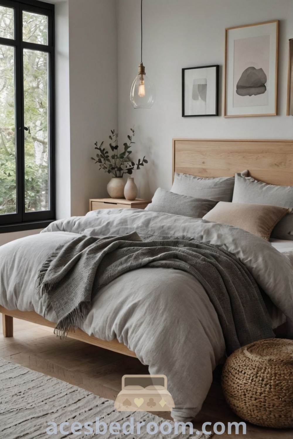 A stylish coastal Scandinavian bedroom with a large bed, coastal-themed pictures above, light wood accents, and a soft area rug, illustrating cozy decor ideas for a modern minimalist aesthetic. Explore more design inspirations at acesbedroom.com.