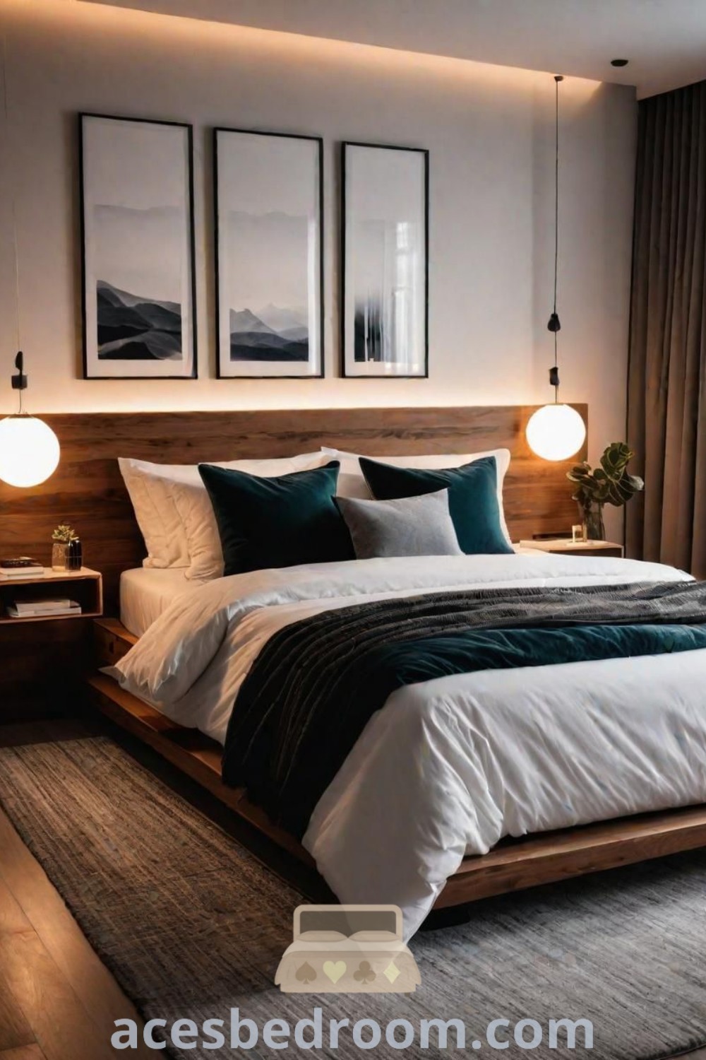 A cozy bedroom with a large bed and two pictures on the wall, showcasing small room design ideas and contemporary modern decor. This inviting space offers stylish decor inspirations for a warm atmosphere. Discover more cozy ideas at acesbedroom.com.