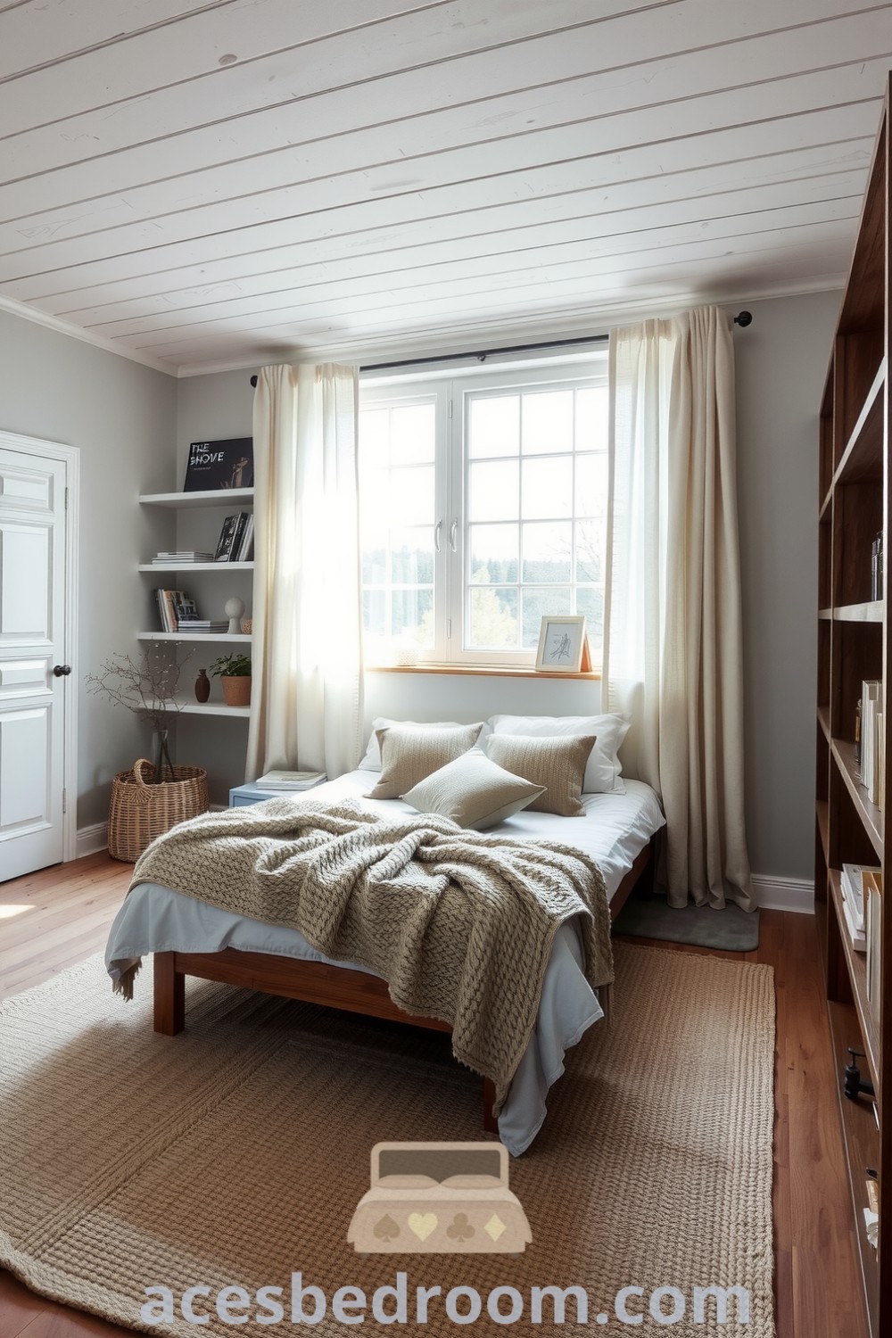 Cozy Scandinavian bedroom featuring whitewashed wood ceiling, pale gray walls, a low-profile bed with chunky knit blanket and earthy cushions, wooden nightstand and bookcase, large window with sheer curtains for a calm and inviting atmosphere, presented on acesbedroom.com.