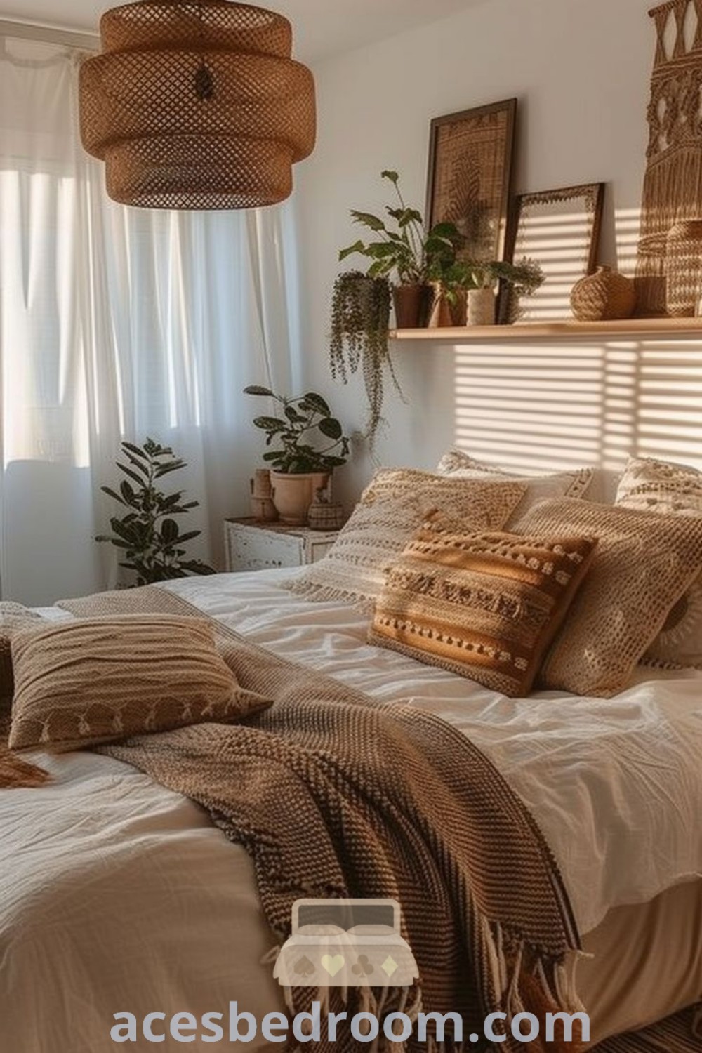 A cozy beige and brown bedroom with a large bed next to a window filled with potted plants, showcasing woodsy room aesthetics. This decor features textured pillows and natural wood accents for a chic and inviting space. Discover more cozy design ideas at acesbedroom.com.