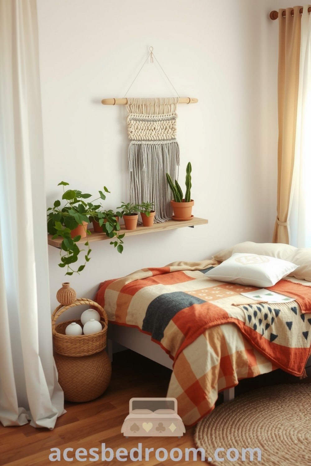 Cozy boho bedroom featuring beige tones, macramé wall hanging, patchwork quilt, potted plants, braided jute rug, and gauzy curtains, creating a warm and inviting atmosphere, showcased on acesbedroom.com.