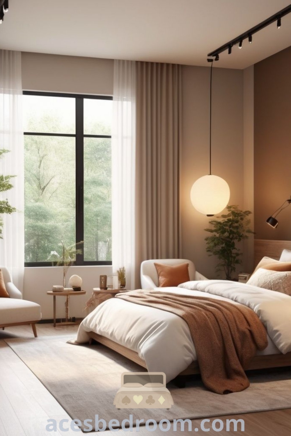 A spacious bedroom with a large bed, two chairs, and a painting on the wall, showcasing a warm modern design. This cozy room aesthetic offers inspiring ideas for a quiet luxury bedroom and stylish decor inspirations, perfect for creating a comfortable sanctuary. Explore more unique design ideas at acesbedroom.com.