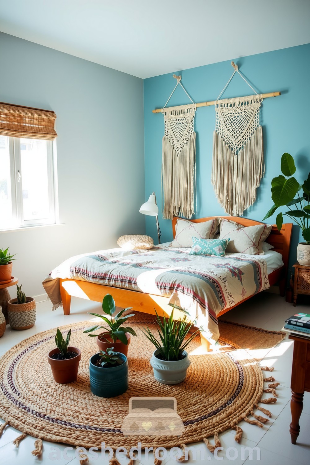 Cozy boho bedroom featuring soft blue walls, a wooden platform bed dressed in layered earth-toned bedding, handcrafted macramé, and vintage furniture, with potted plants and a woven jute rug for a warm and inviting atmosphere, showcased on acesbedroom.com.