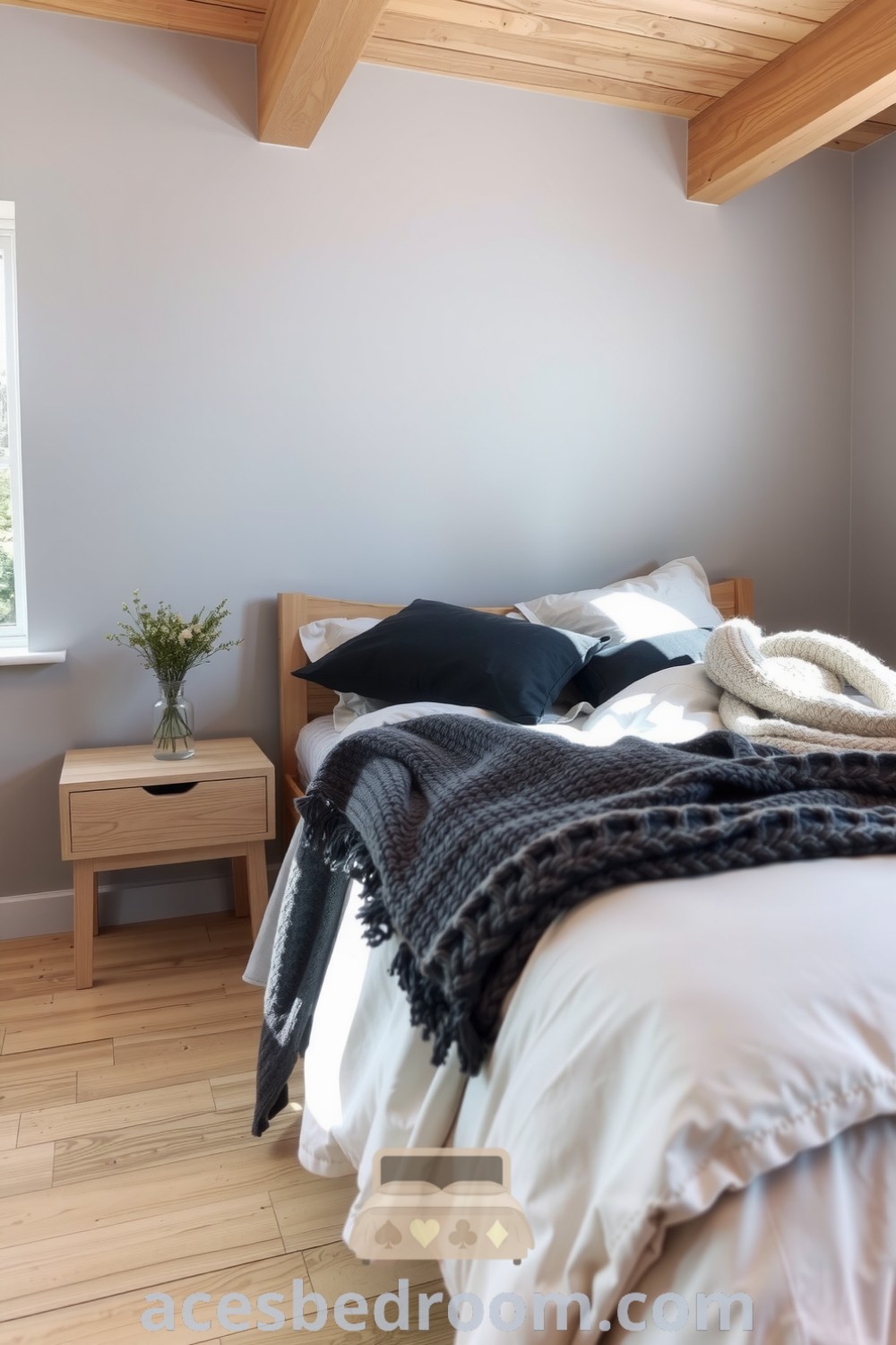 Cozy Scandinavian bedroom with soft gray walls, natural wood tones, charcoal and off-white linens, a chunky knit throw, and a vase of fresh wildflowers, creating a serene ambiance for a warm and sophisticated look, featured on acesbedroom.com.