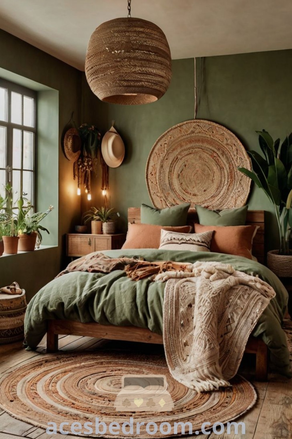A cozy boho minimalist bedroom showcasing green walls and large round rugs, providing a warm and inviting atmosphere. This decor idea combines unique Highland cow bedroom decor inspirations with stylish organic elements for a tranquil retreat. Explore more at acesbedroom.com.