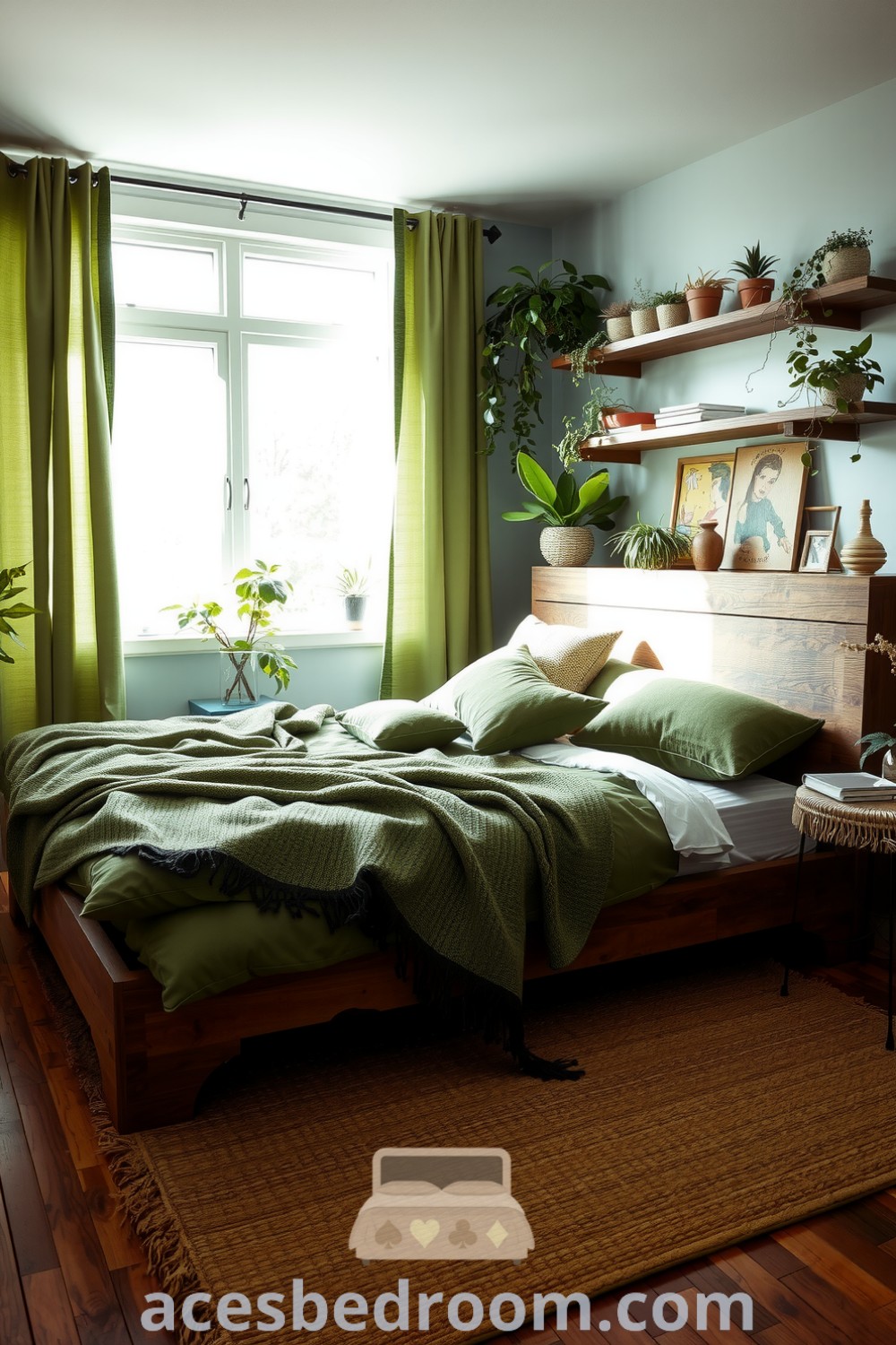 Cozy nature-inspired bedroom featuring a wooden bed frame, handwoven blanket, various natural fabric pillows, leafy curtains, and potted plants on reclaimed wood shelves for a warm and serene atmosphere, showcased on acesbedroom.com.