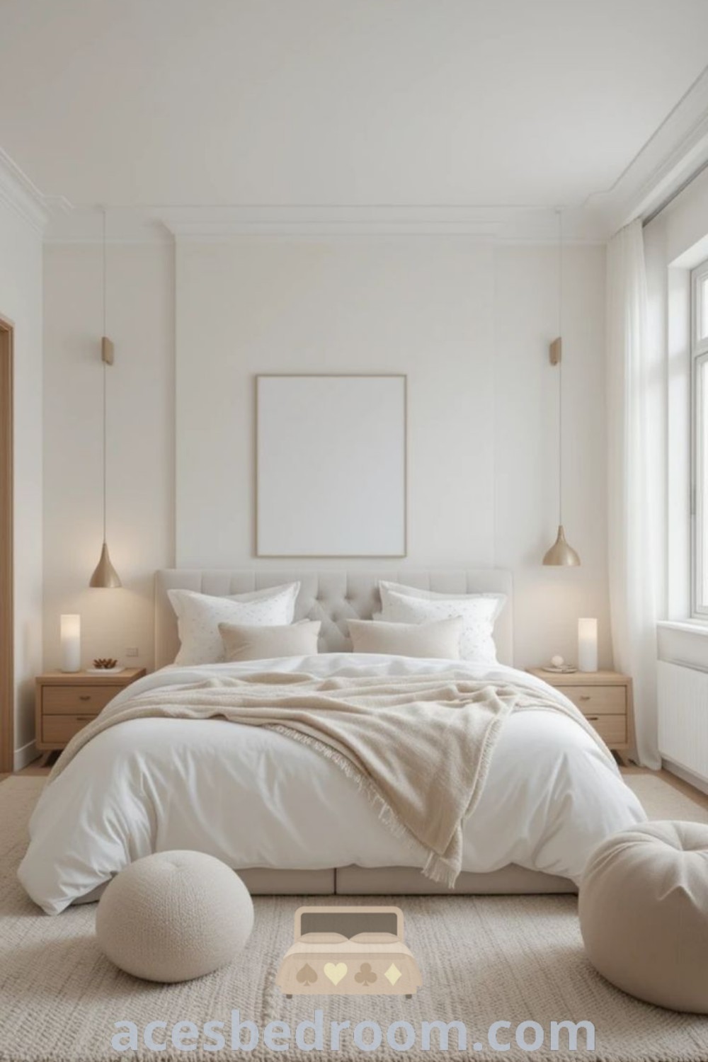 A serene Scandinavian bedroom with white bedding and pillows on the floor next to a large window, showcasing a simple clean aesthetic. This cozy design offers minimal bedroom ideas and inspiring decor inspirations for a light, airy, and tranquil space. Discover more cozy ideas at acesbedroom.com.