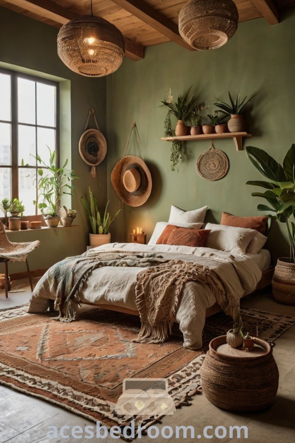 A cozy boho bedroom featuring green walls and an abundance of plants, showcasing unique decor ideas and inspirations for a warm and sophisticated look. The room reflects trendy design ideas for a plant-themed haven, perfect for those seeking a nature-inspired retreat. Explore more decorating ideas at acesbedroom.com.
