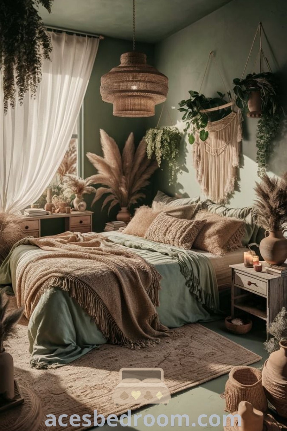A cozy bedroom featuring a neatly made bed and an abundance of plants, creating a green bohemian vibe with a sage green color scheme. This boho room design offers unique ideas and inspirations for a warm and sophisticated look, perfect for anyone looking to enhance their space. Discover more on acesbedroom.com.