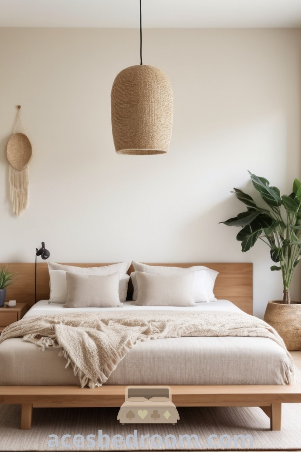 A cozy small bedroom showcasing a large bed next to two potted plants on a wooden table. This design highlights minimalist and Japandi aesthetics, offering inspiring cozy home decor ideas for a warm and sophisticated look. Explore more stylish inspirations at acesbedroom.com.