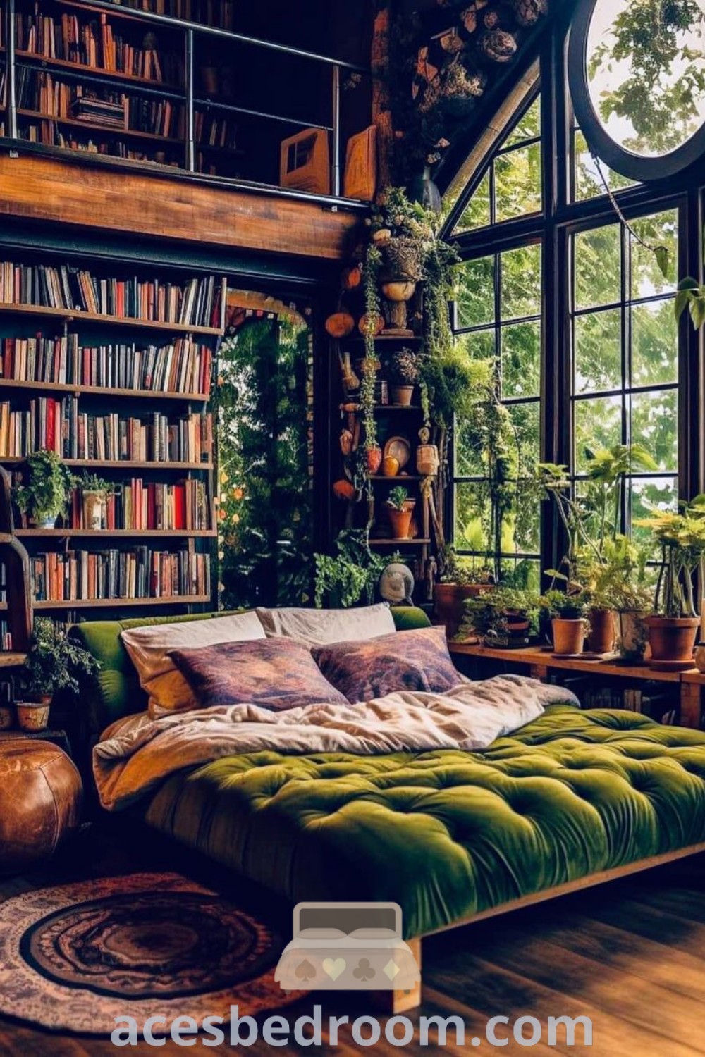 A stylish bedroom featuring a cozy bed next to a window with lush plants and books, showcasing moody maximalism. This unique design combines vintage bedroom aesthetics with dark home decor elements, offering inspiring decor ideas for your home. Explore more cozy inspirations at acesbedroom.com.