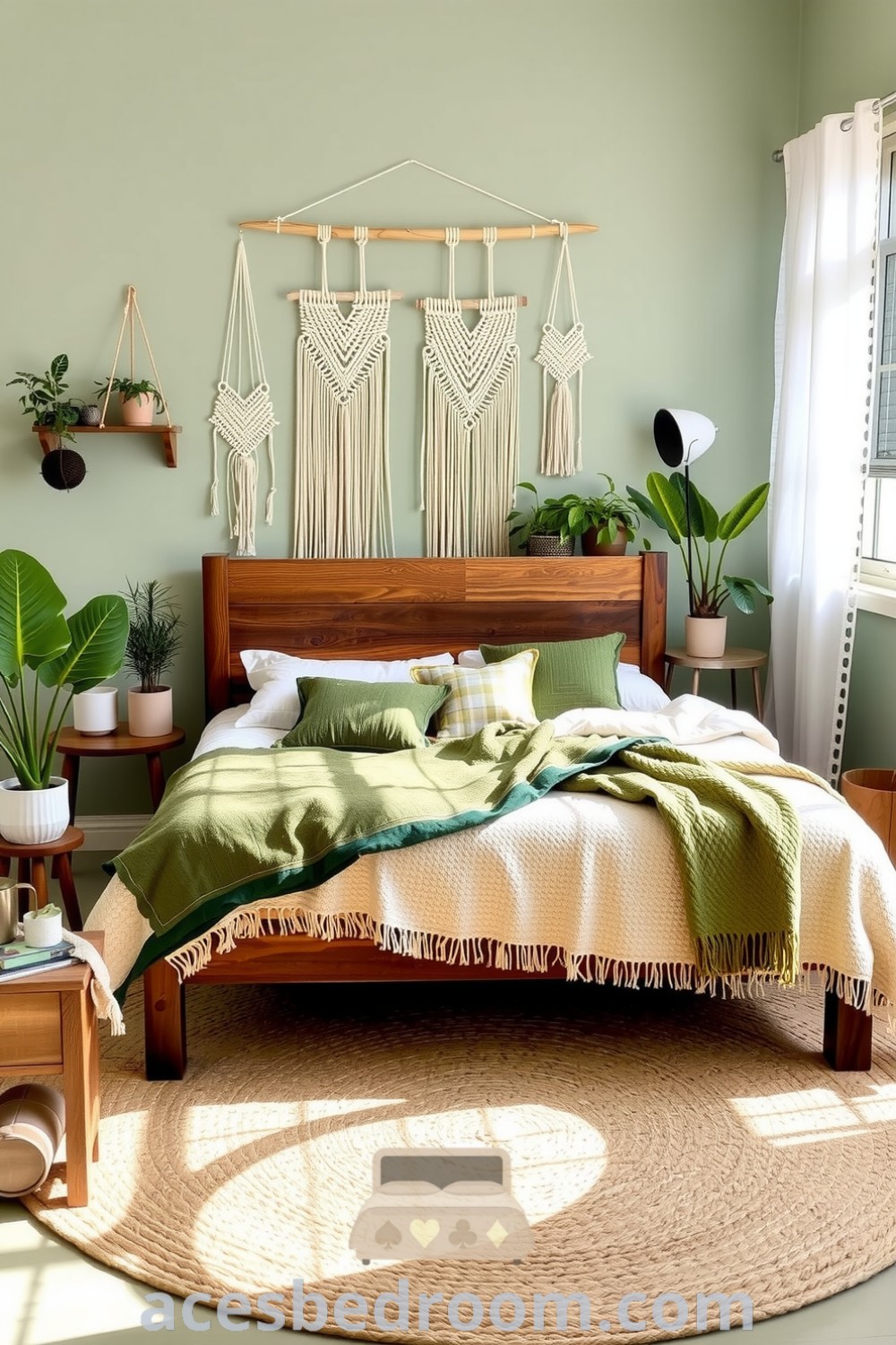 Cozy boho bedroom with a sage color palette, handcrafted wooden bed frame, textured blankets, macramé wall hangings, and potted plants, showcasing design ideas that inspire a warm and sophisticated look, available at acesbedroom.com.