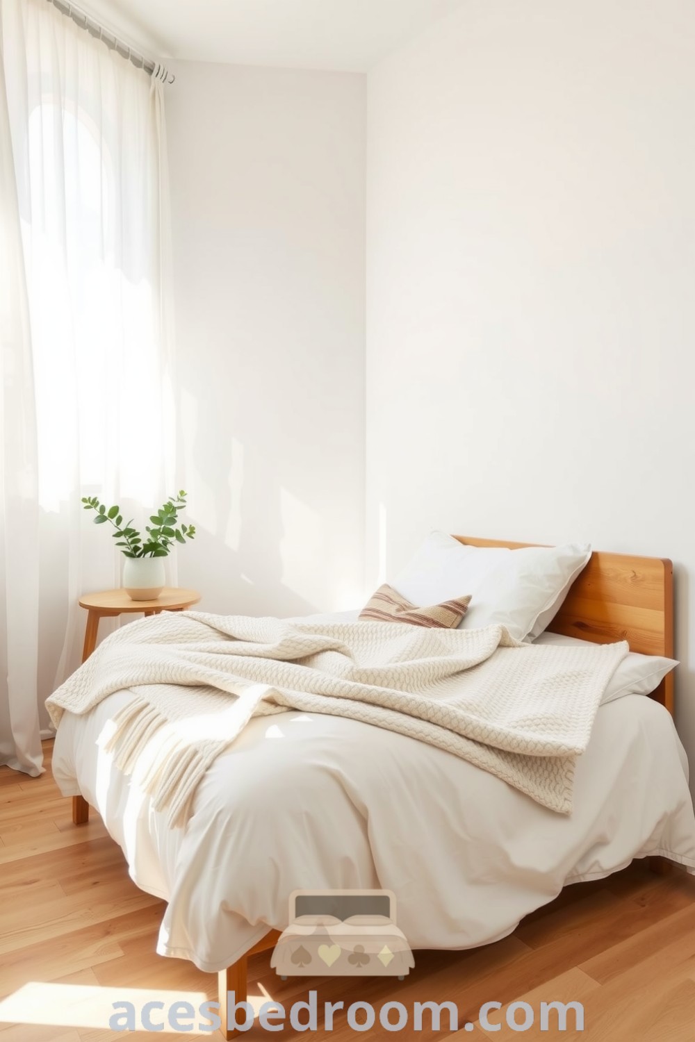 Cozy minimalist bedroom featuring a low-profile wooden bed frame, crisp white duvet, knitted throw, and a wooden nightstand with a potted plant, all enhanced by soft natural light filtering through sheer curtains, showcased on acesbedroom.com.
