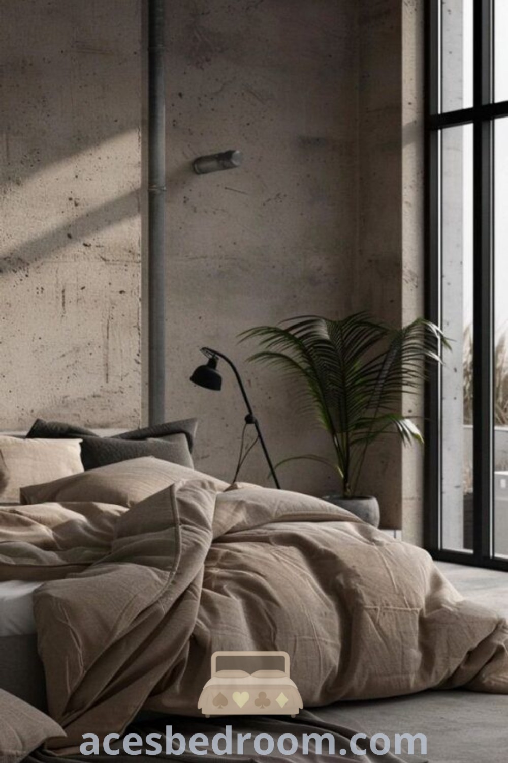 A modern industrial bedroom showcasing a brick bed frame, an unmade bed in front of a large window, and a potted plant, exemplifying unique ideas for stylish mens house decor. Discover design ideas to make your haven cozy and inspiring at acesbedroom.com.