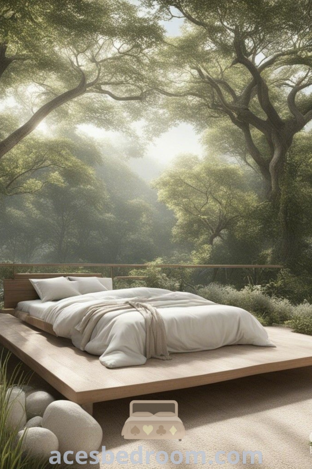 A cozy forest room featuring a large bed in the middle of a lush green setting, surrounded by trees. This design offers unique ideas for a magical and inviting space, showcasing forest wall murals and serene atmospheres. Discover stylish decor inspirations at acesbedroom.com.