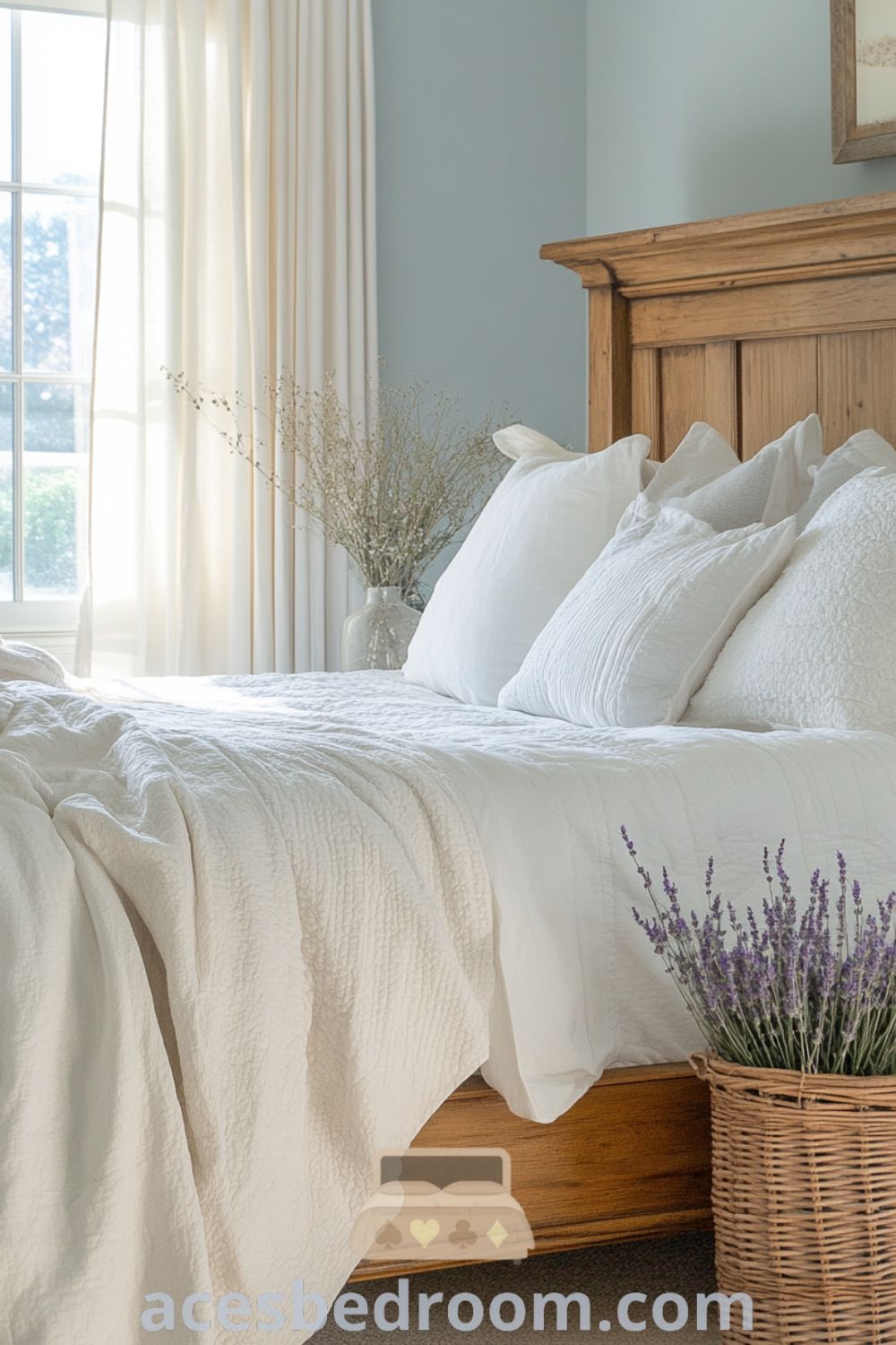 Cozy French country bedroom featuring soft blue walls, a weathered oak bed frame, white linens, and a delicate quilt, complemented by handcrafted wooden furniture, sheer curtains, and a woven basket of lavender, offering inviting design ideas for a warm and sophisticated look, showcased on acesbedroom.com.