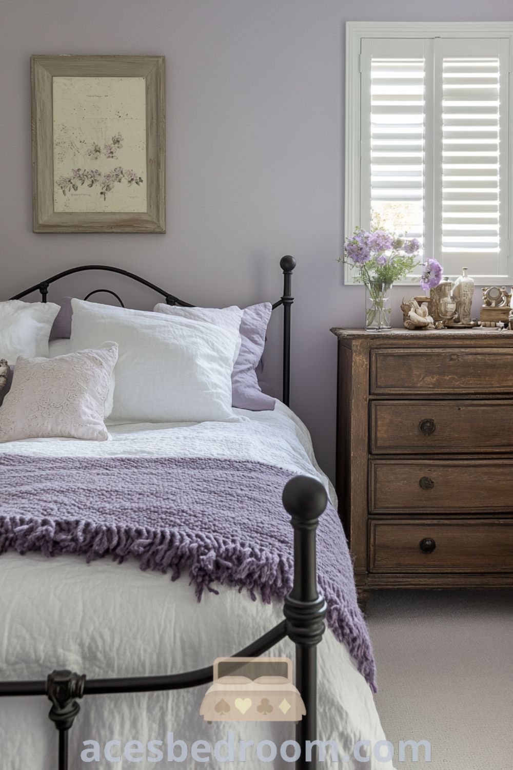 Serene French country retreat on acesbedroom.com with soft lavender walls, rustic wooden shutters, cozy ideas, and timeless decor inspirations.