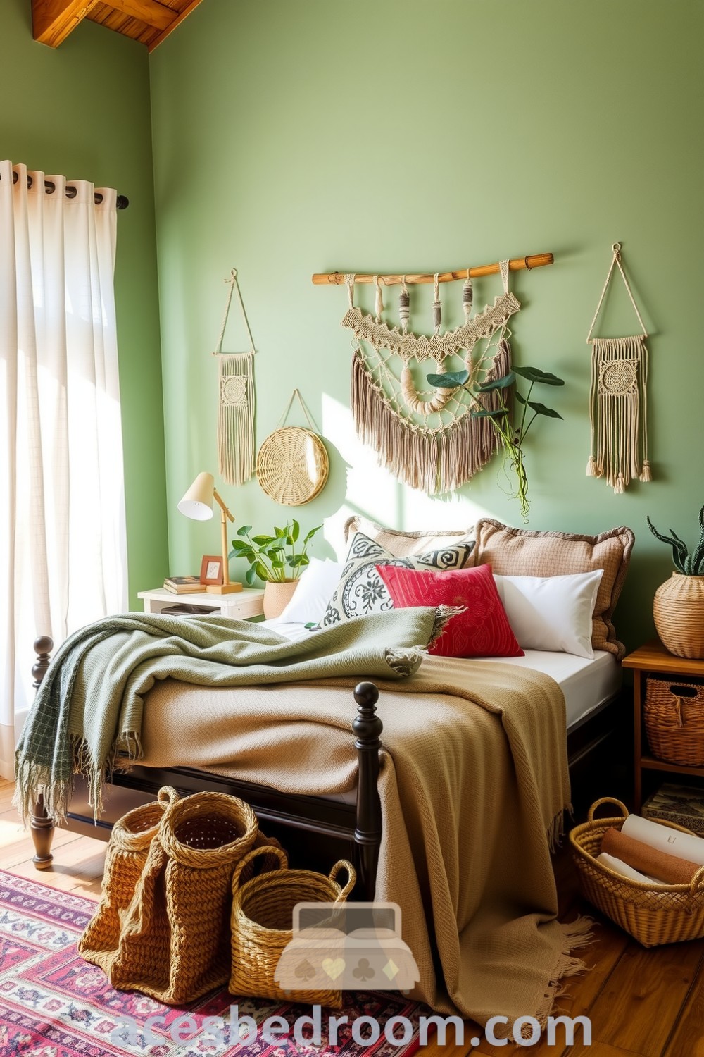 Cozy boho bedroom with soft green walls, vintage wooden bedframe, textured blankets, patterned pillows, macramé wall hangings, and an array of plants, creating a warm and inviting retreat for home decor inspiration, showcased on acesbedroom.com.