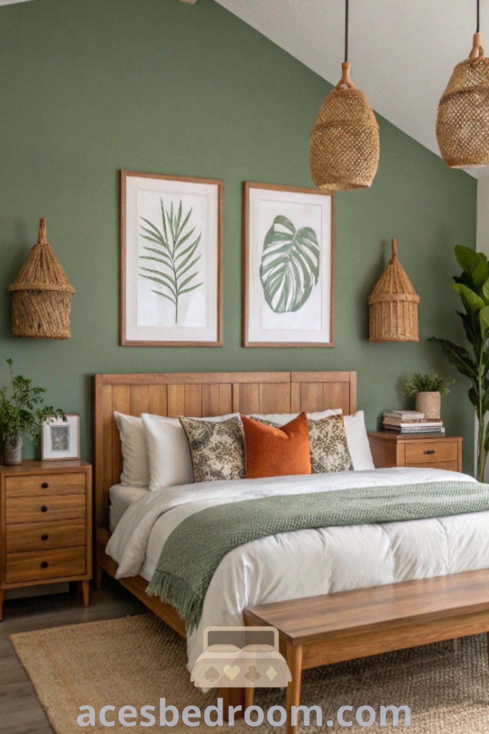 A cozy bedroom with evergreen fog walls, wooden furniture, and a sage green ceiling, showcasing inspiring decor ideas like green and terra cotta accents and pine bedroom furniture color schemes. Explore more unique ideas for your home at acesbedroom.com.