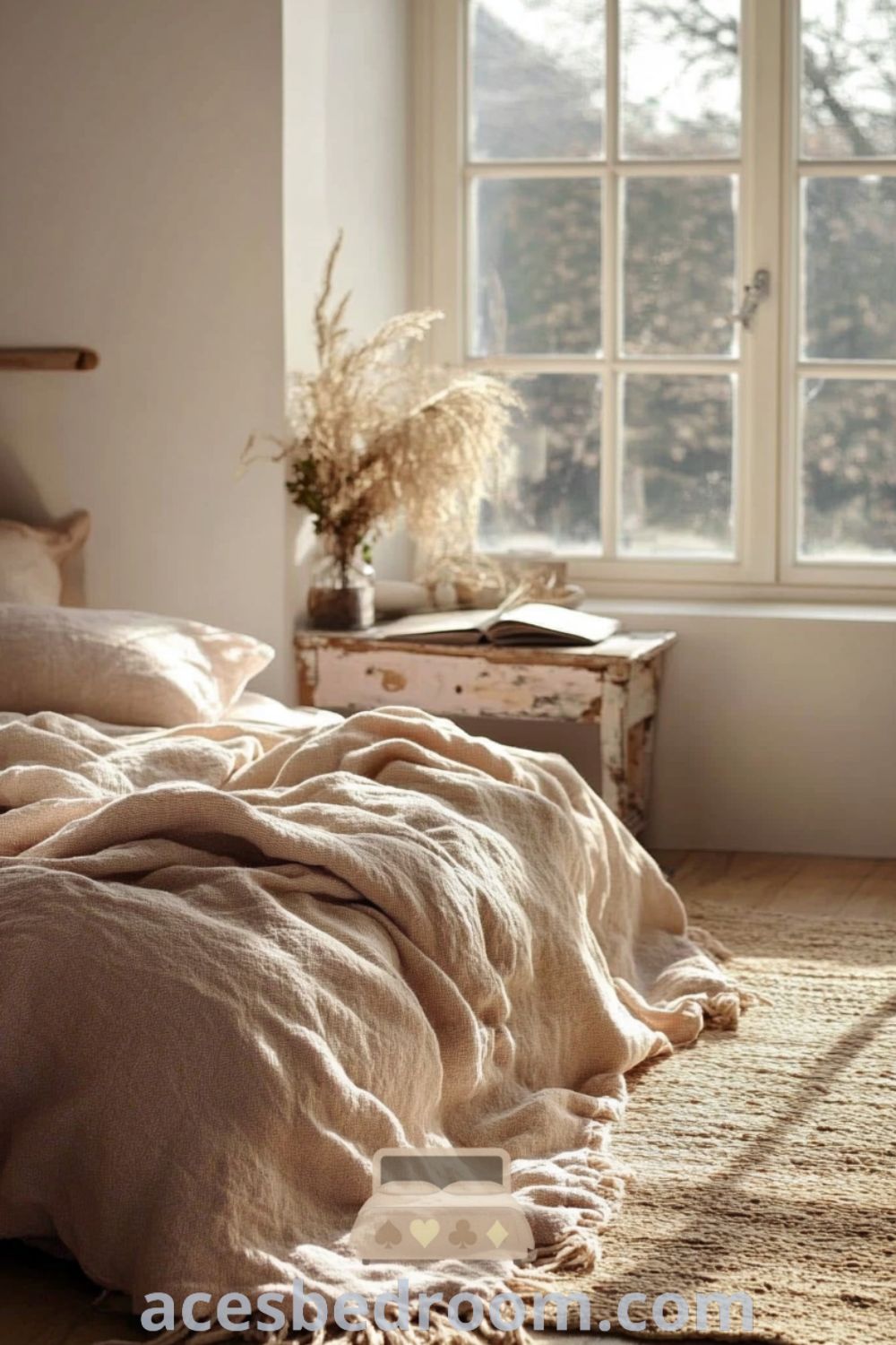 Cozy Scandinavian bedroom featuring soft pink walls, a light wooden bed frame with natural fabric blankets, large windows illuminating a woven rug, and a hand-painted bedside table, providing stylish decor ideas for a warm and sophisticated look, showcased on acesbedroom.com.