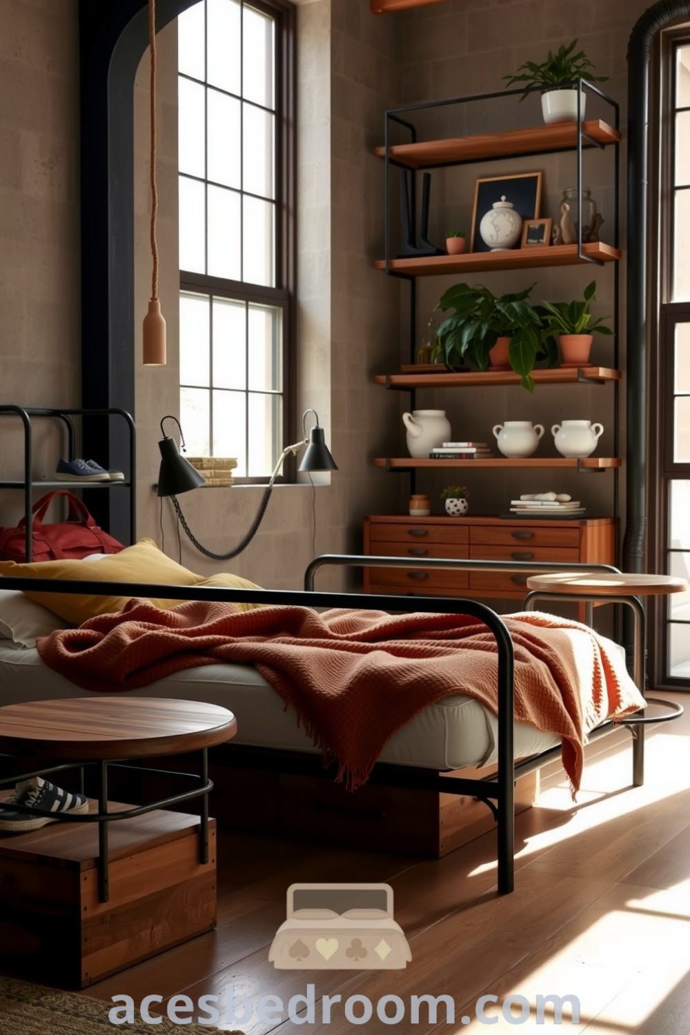 Cozy industrial bedroom with a metal bed frame, thick wool blanket, reclaimed wood furniture, and potted plants, highlighted by natural light filtering through large windows, featured on acesbedroom.com.