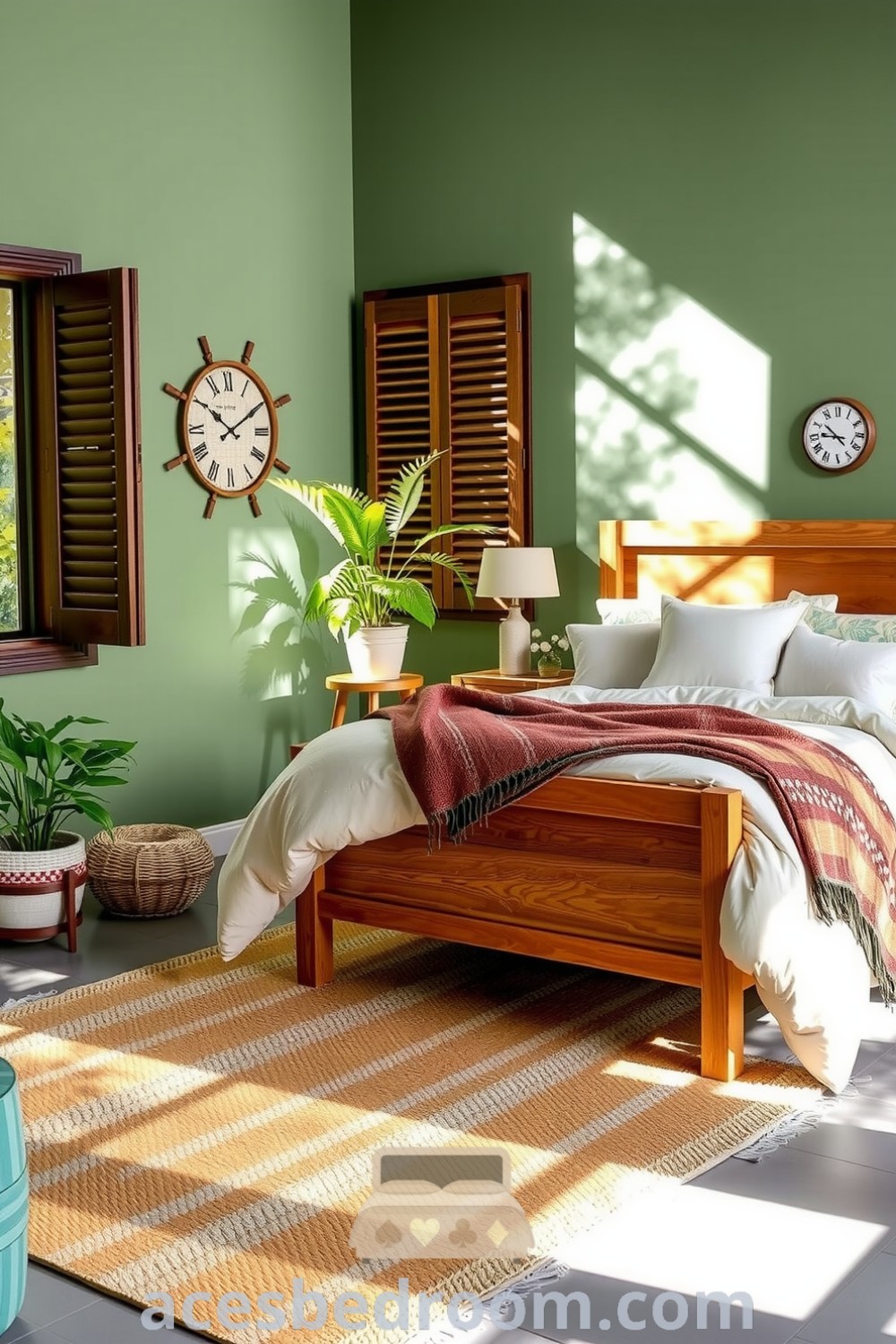 Cozy nature-inspired bedroom with sage green walls, rustic oak bed frame, organic cotton bedding, woven jute rug, and potted plants, designed for a warm and sophisticated look, featured on acesbedroom.com.